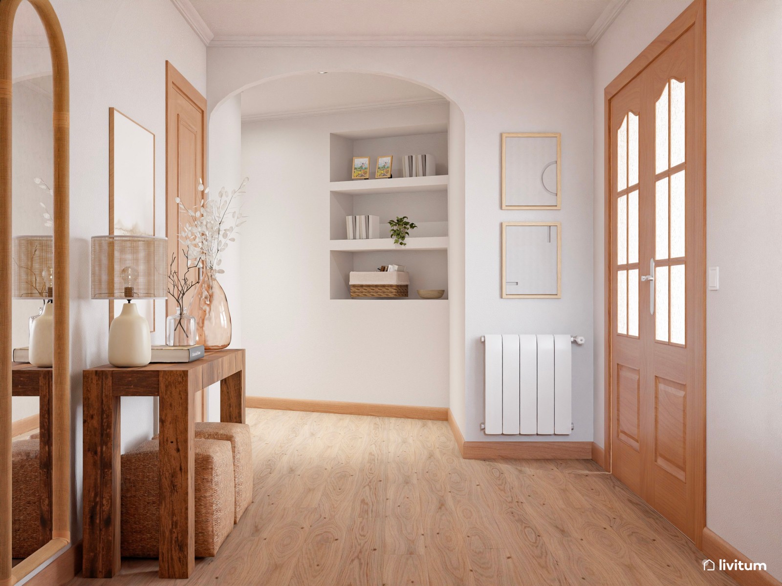 Recibidor de estilo nórdico con mucha madera y fibras naturales