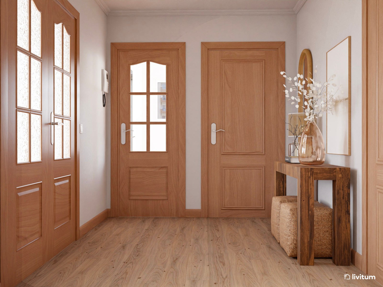 Recibidor de estilo nórdico con mucha madera y fibras naturales