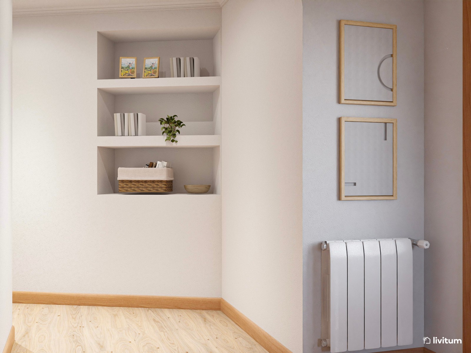 Recibidor de estilo nórdico con mucha madera y fibras naturales