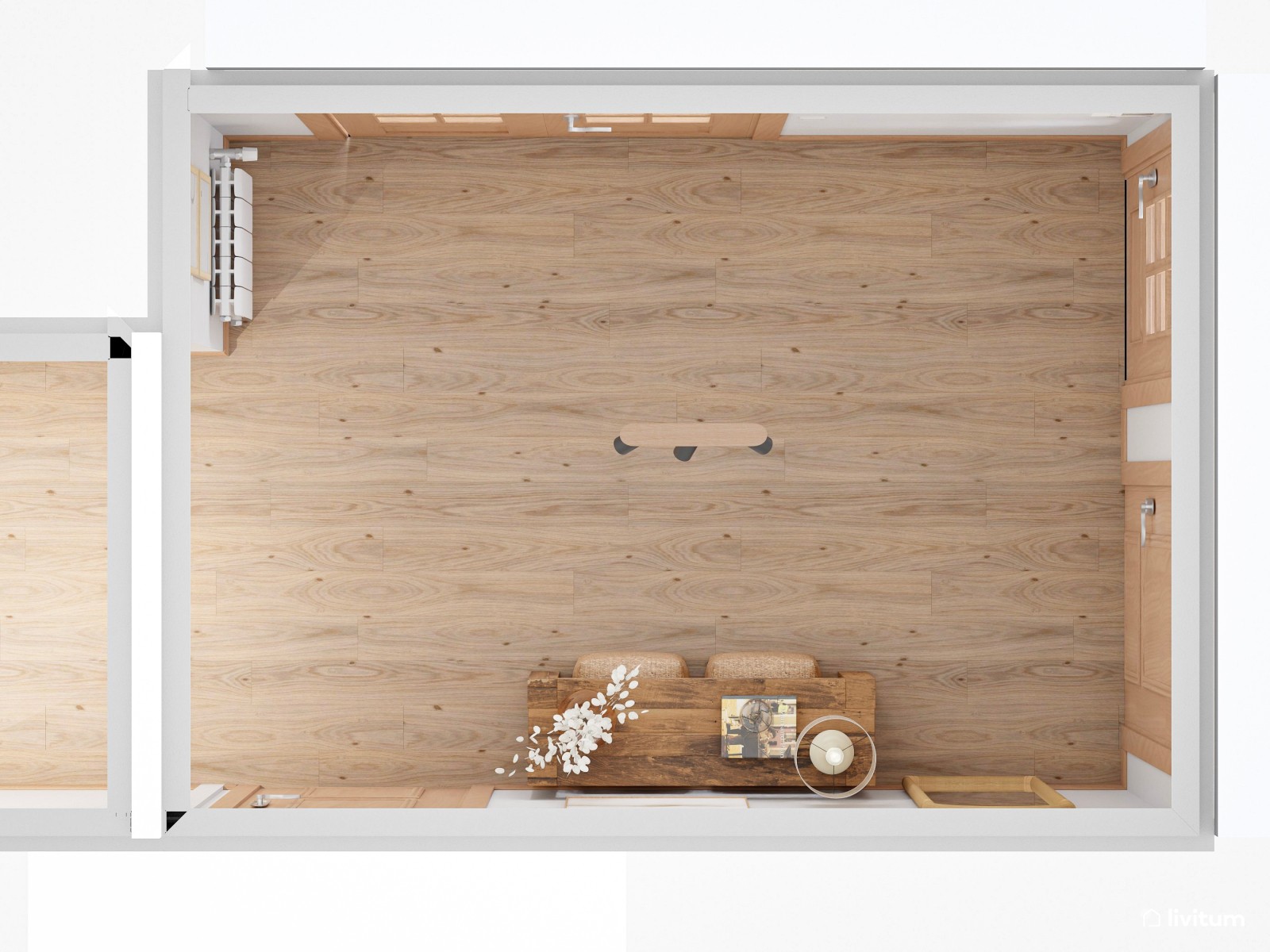 Recibidor de estilo nórdico con mucha madera y fibras naturales