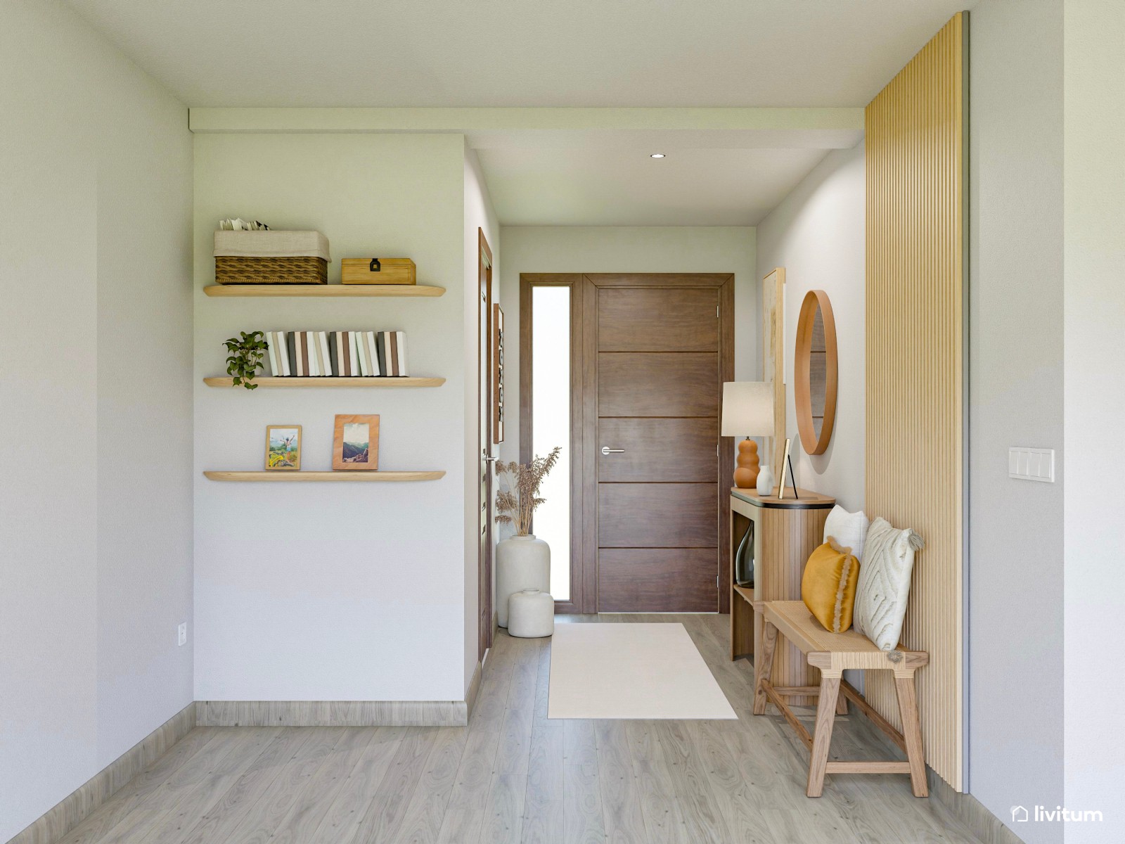 Recibidor elegante con muebles de madera y detalles artísticos