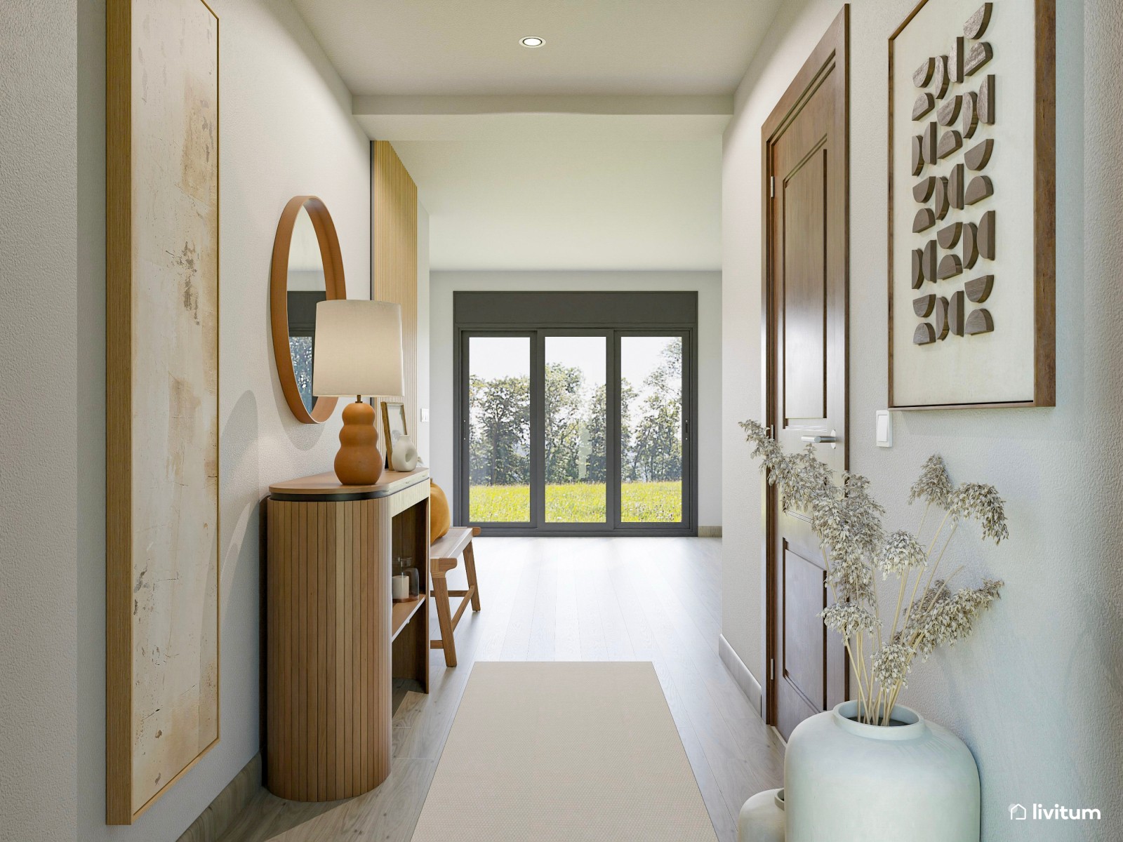 Recibidor elegante con muebles de madera y detalles artísticos