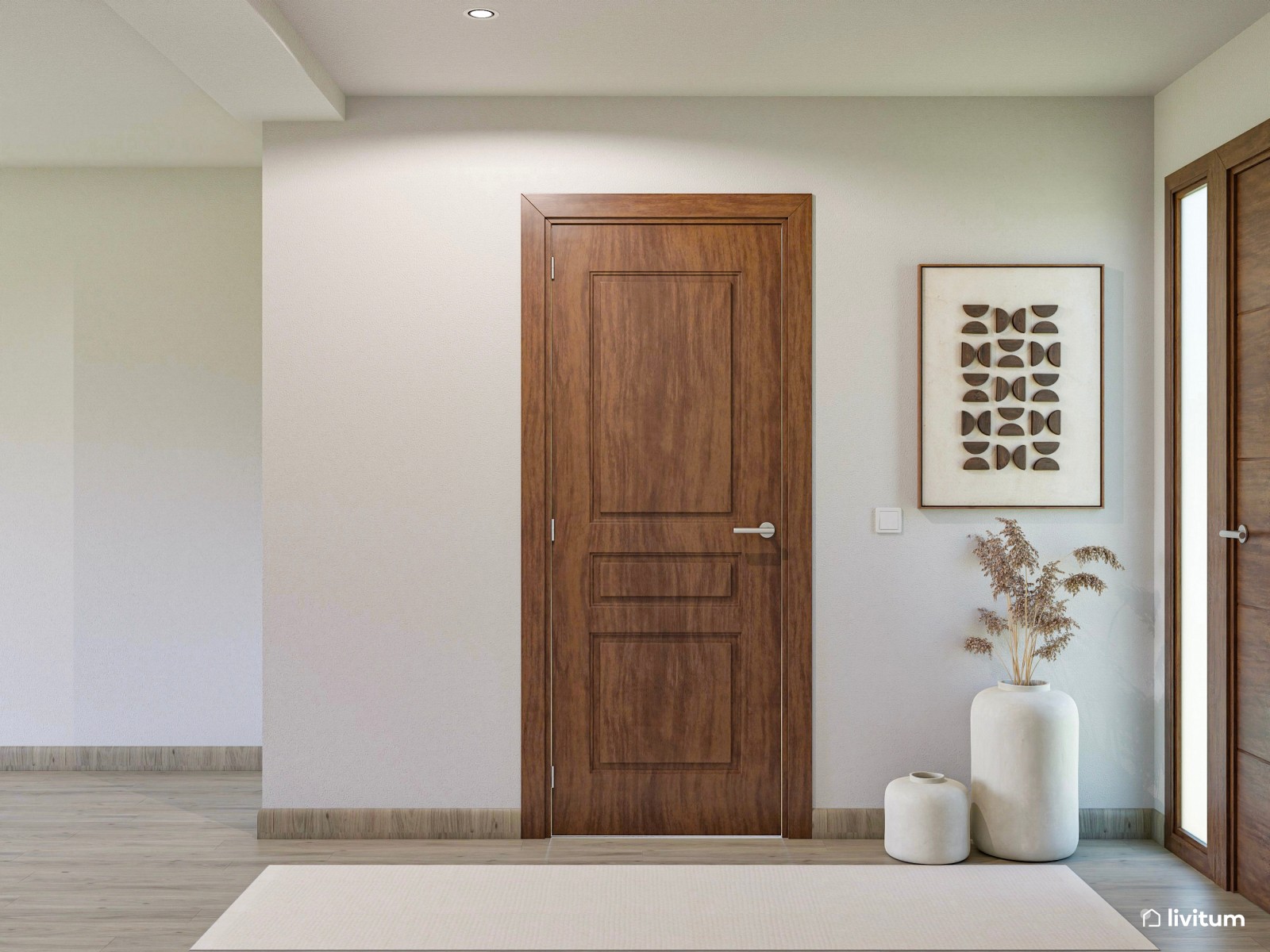 Recibidor elegante con muebles de madera y detalles artísticos