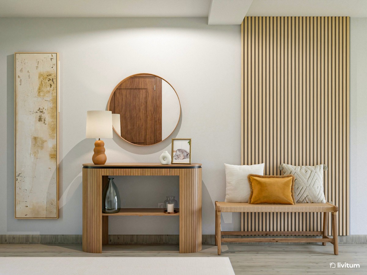 Recibidor elegante con muebles de madera y detalles artísticos