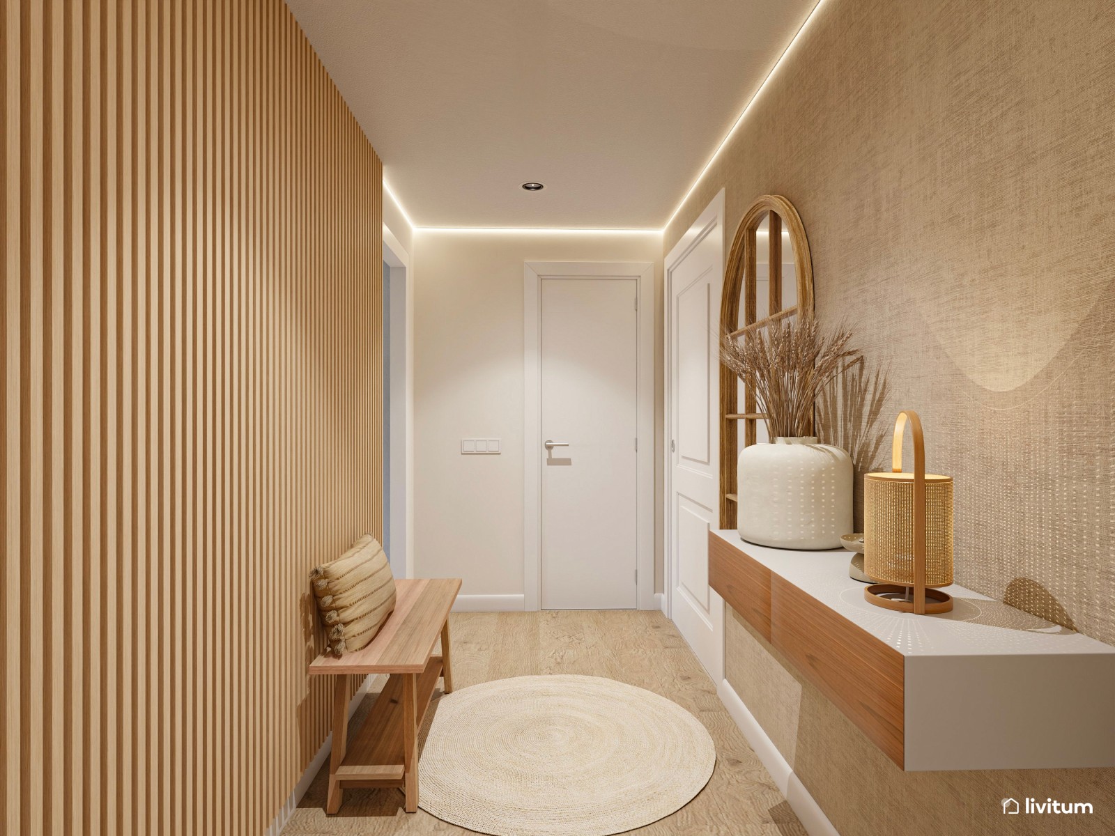 Recibidor estrecho y alargado de estilo nórdico con listones de madera y papel pintado