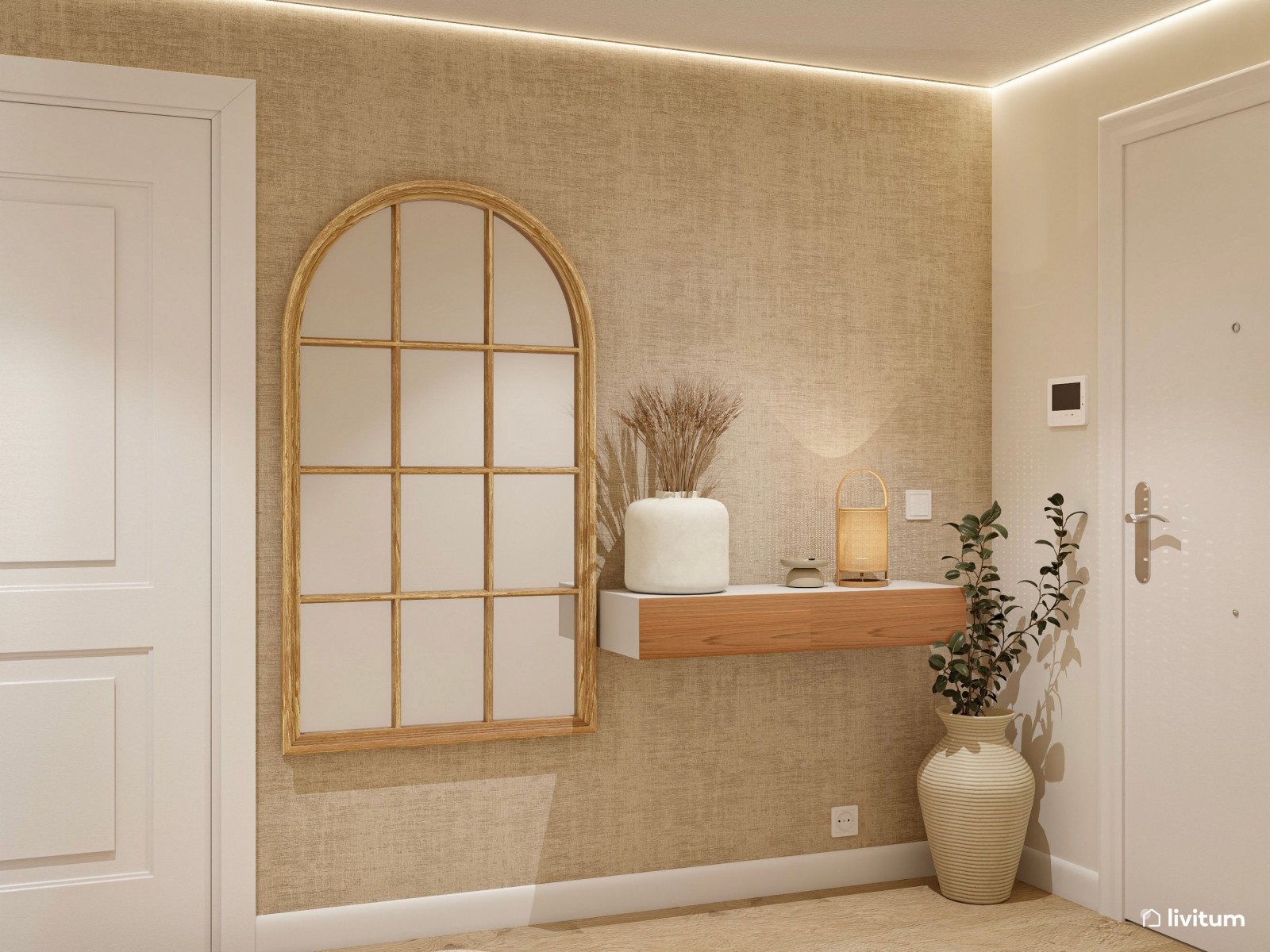 Recibidor estrecho y alargado de estilo nórdico con listones de madera y papel pintado