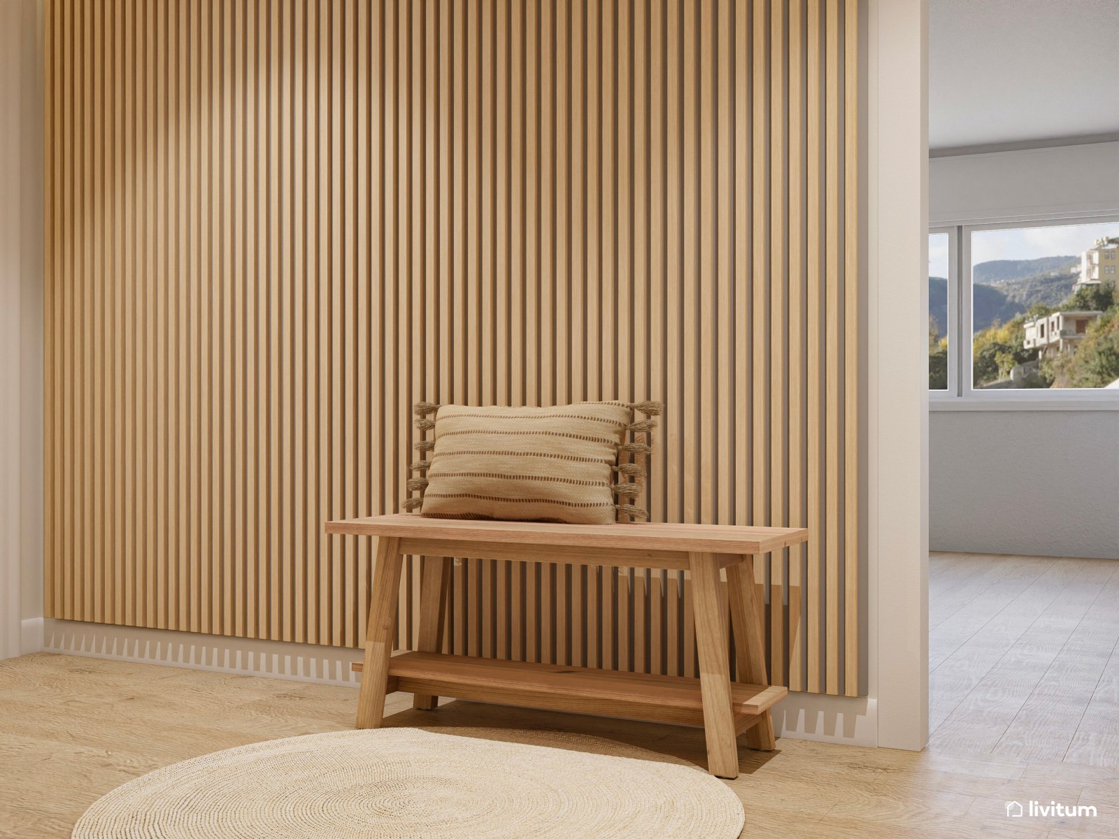 Recibidor estrecho y alargado de estilo nórdico con listones de madera y papel pintado