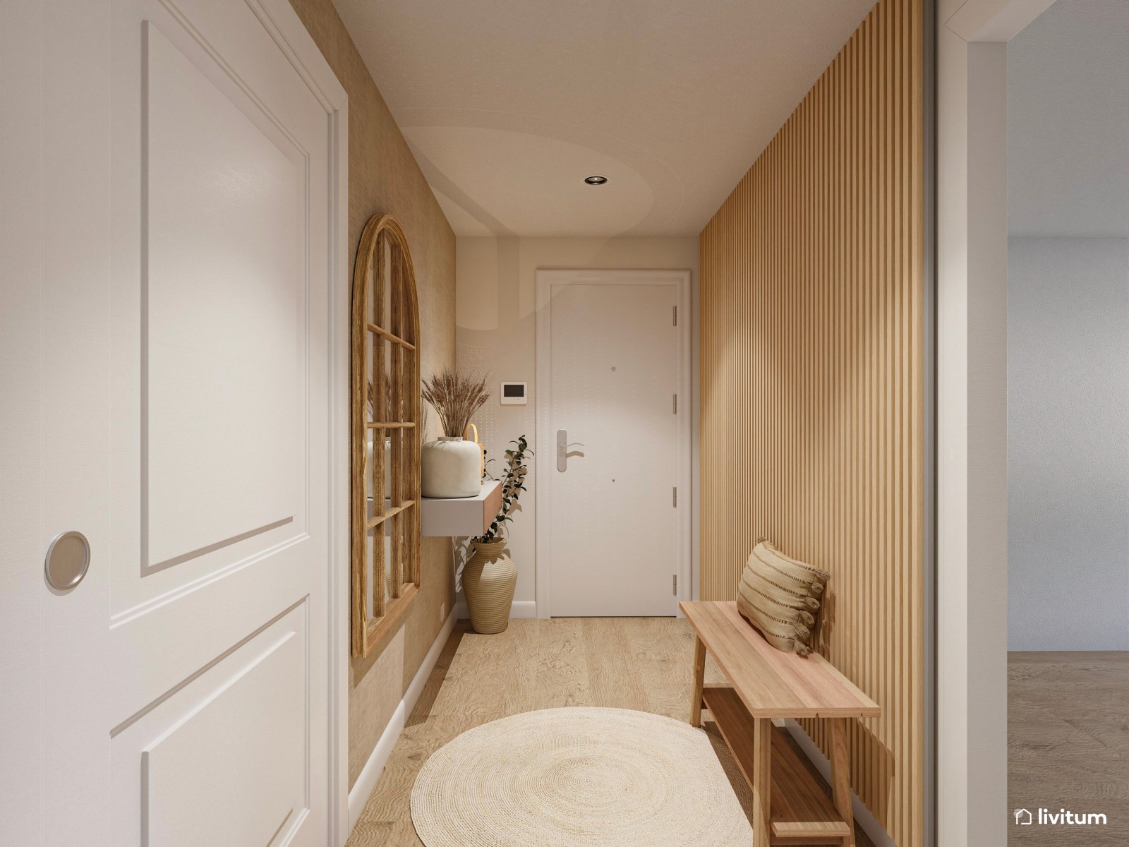 Recibidor estrecho y alargado de estilo nórdico con listones de madera y papel pintado