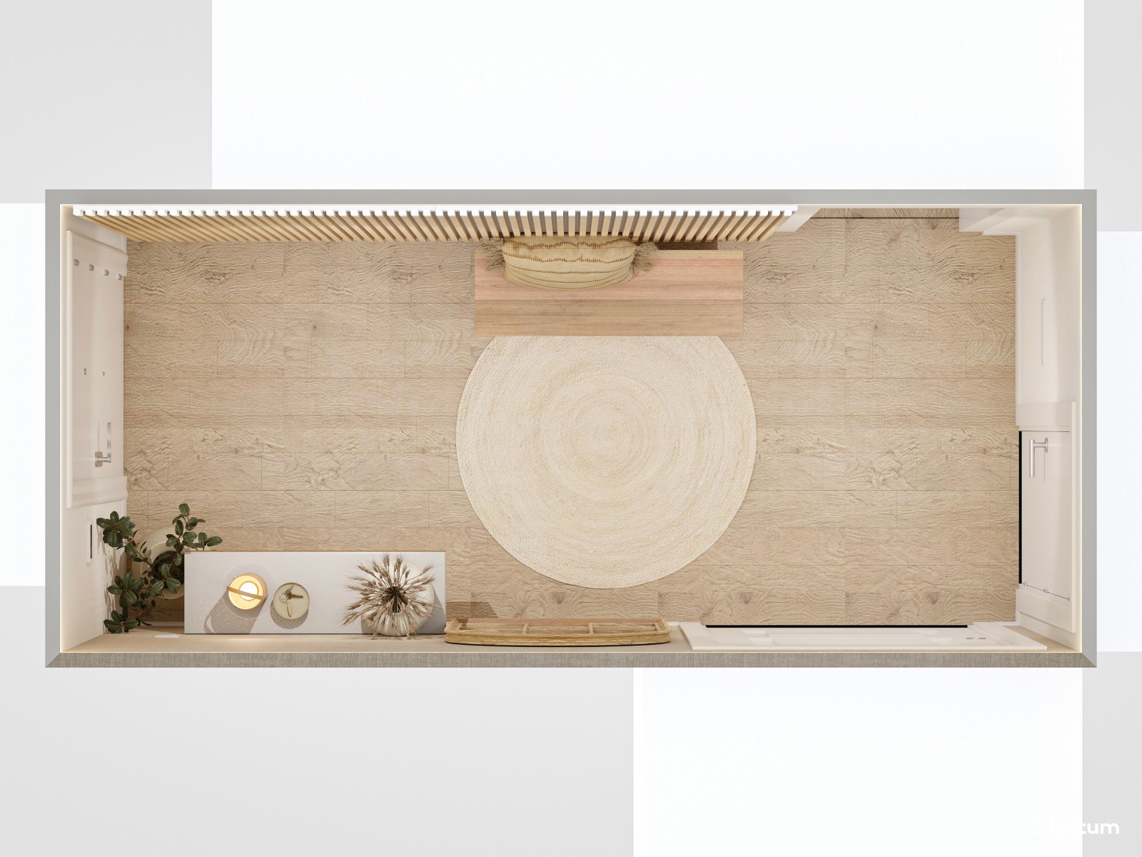 Recibidor estrecho y alargado de estilo nórdico con listones de madera y papel pintado