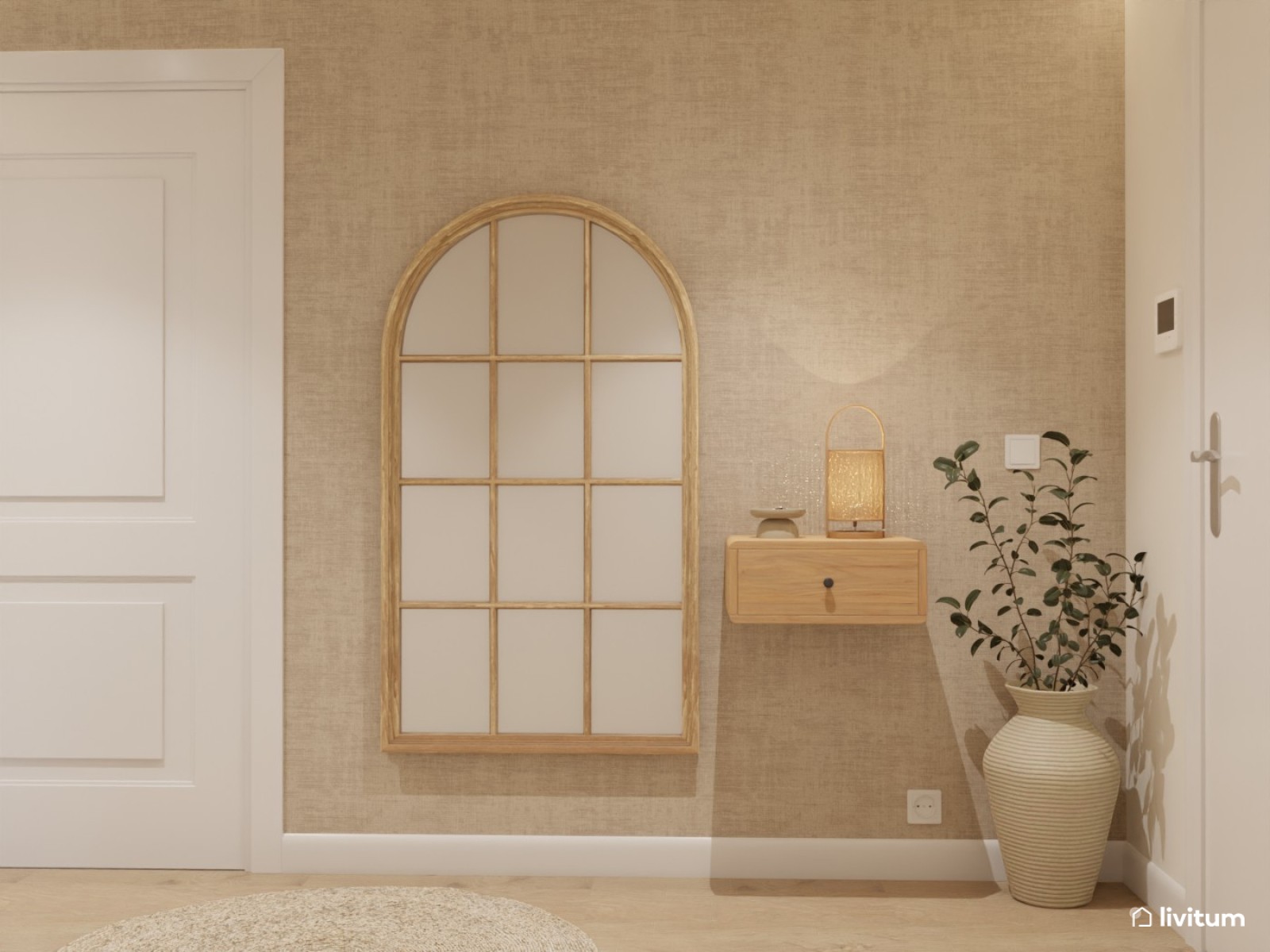 Recibidor estrecho y alargado de estilo nórdico con listones de madera y papel pintado