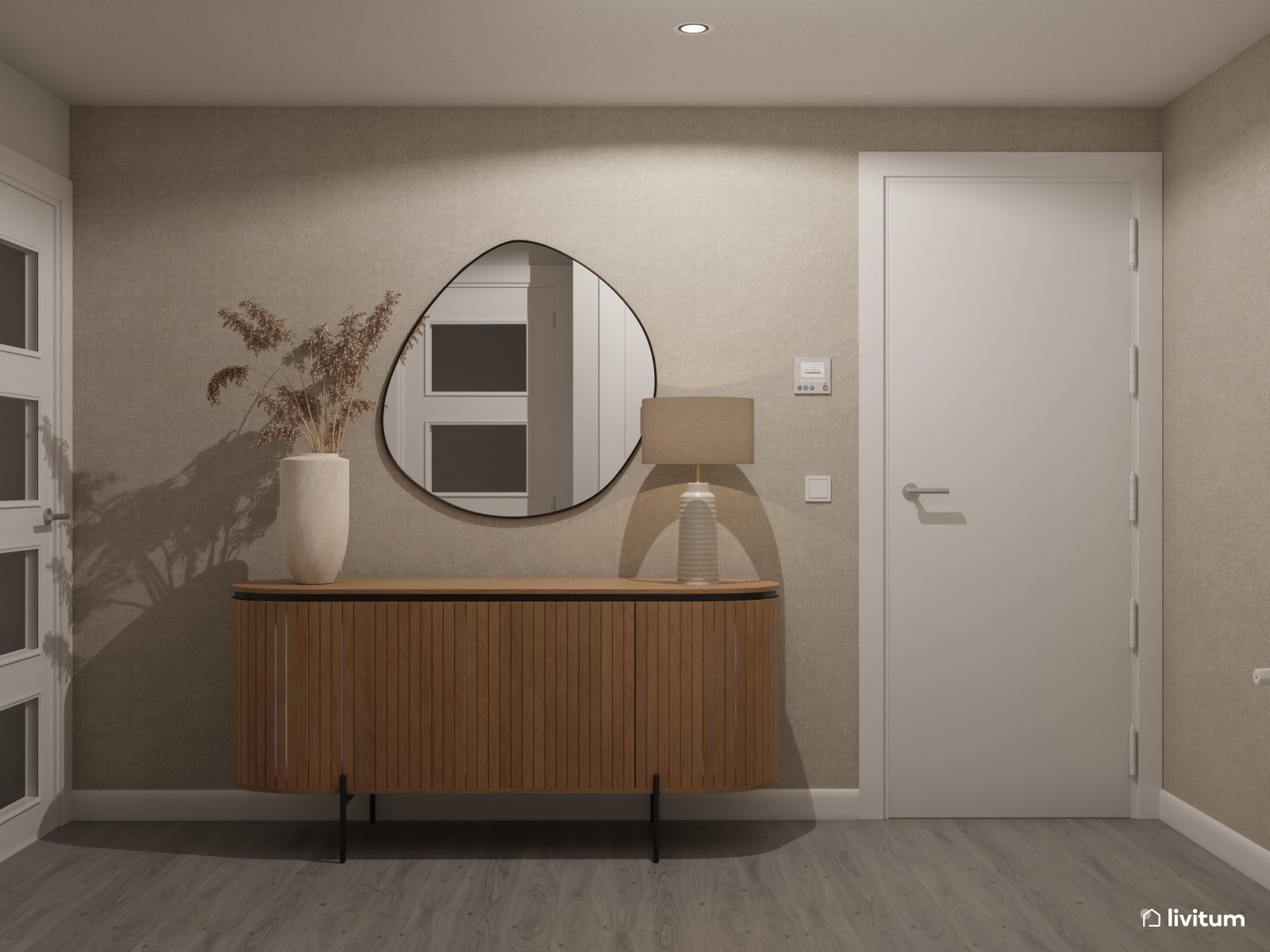 Recibidor minimalista con galería de arte