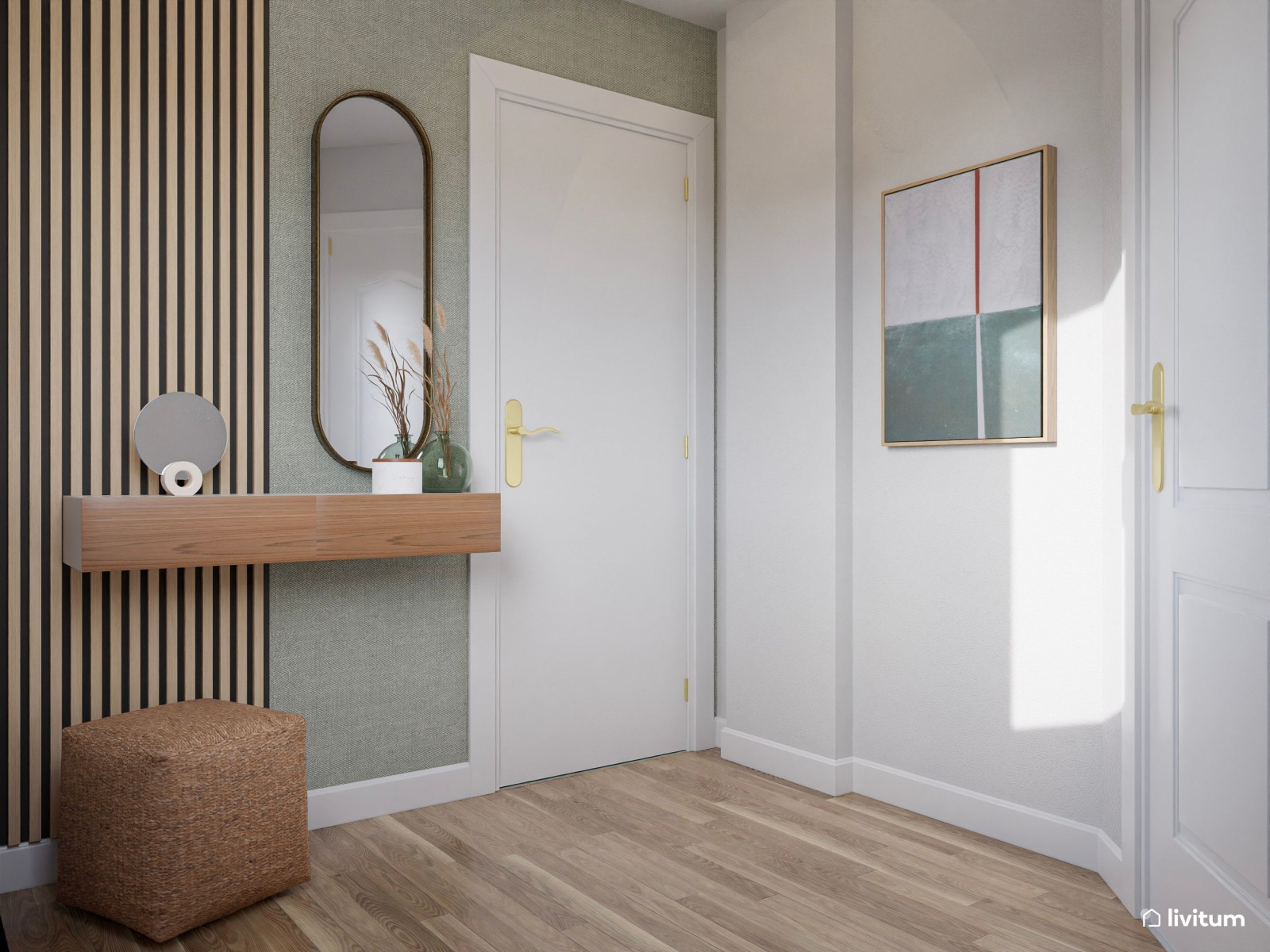 Recibidor minimalista con planta irregular en madera y verde