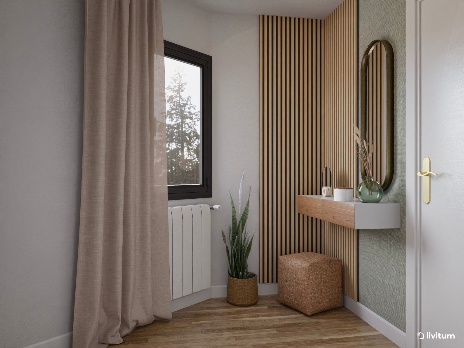 Recibidor minimalista con planta irregular en madera y verde