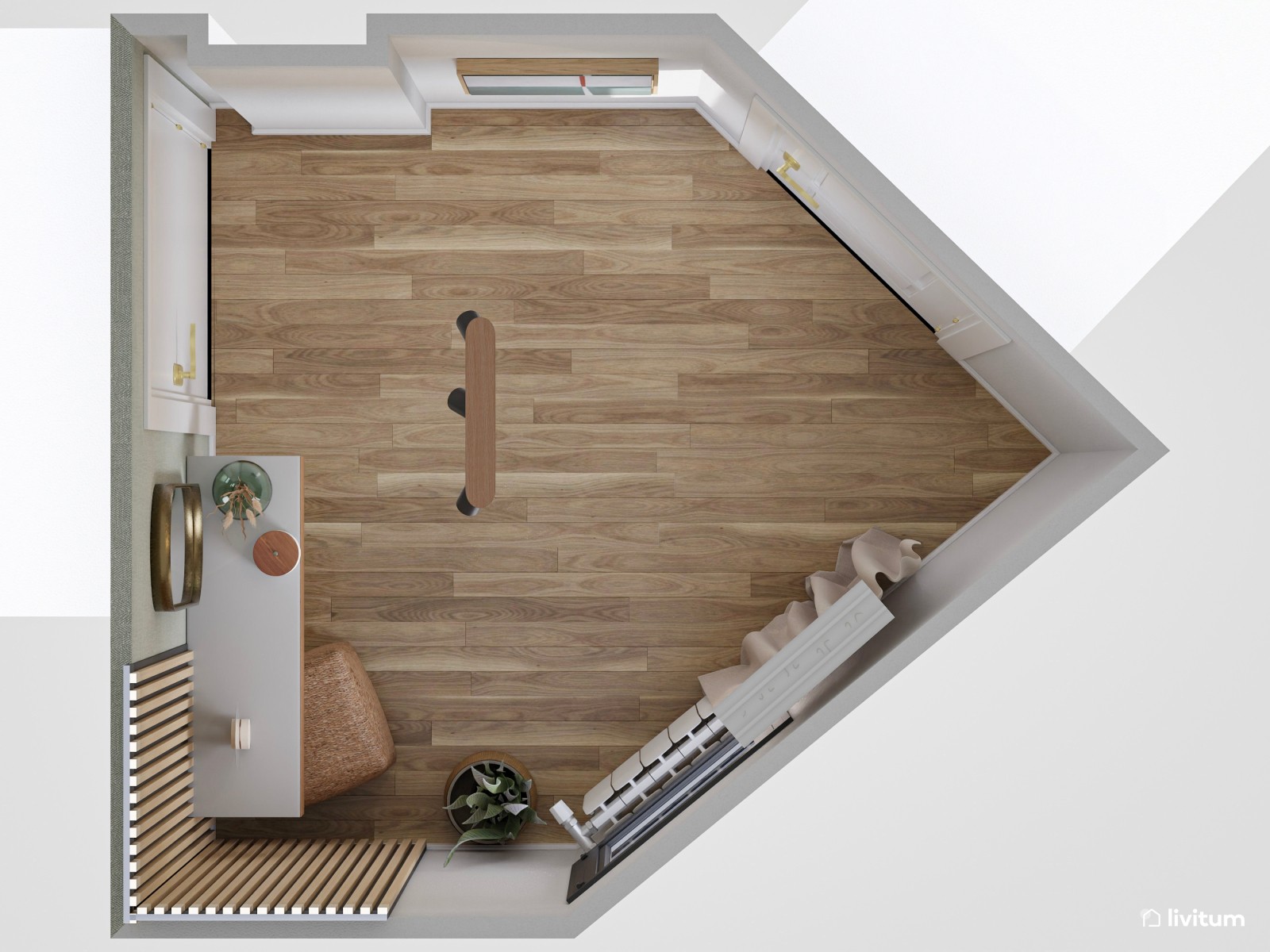 Recibidor minimalista con planta irregular en madera y verde