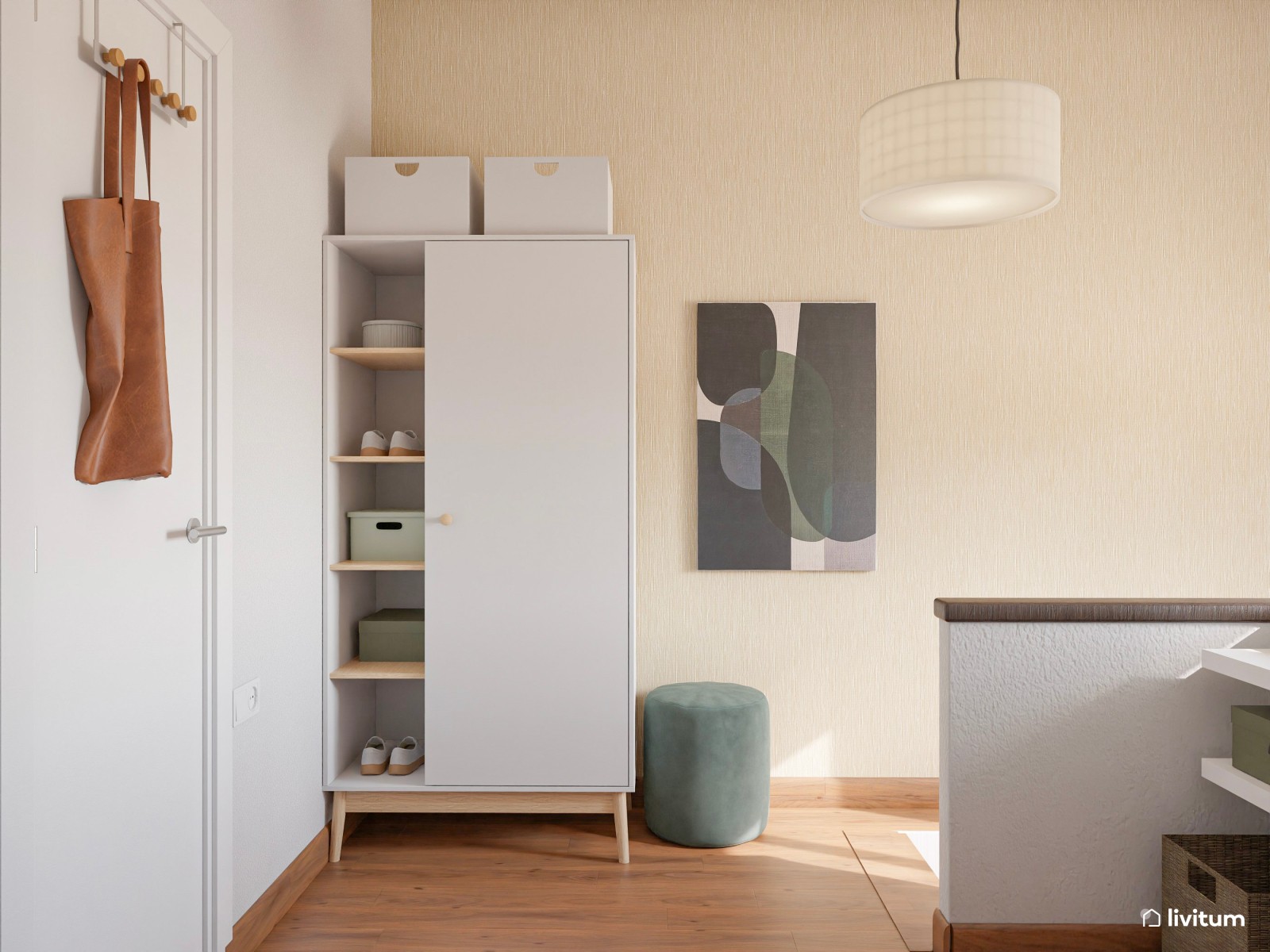 Recibidor moderno con panel acústico y espejo de formas orgánicas