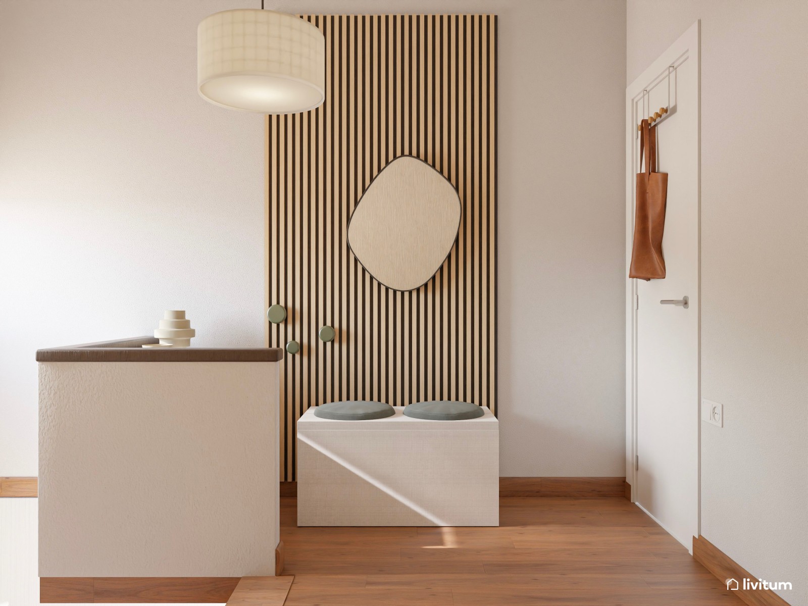 Recibidor moderno con panel acústico y espejo de formas orgánicas