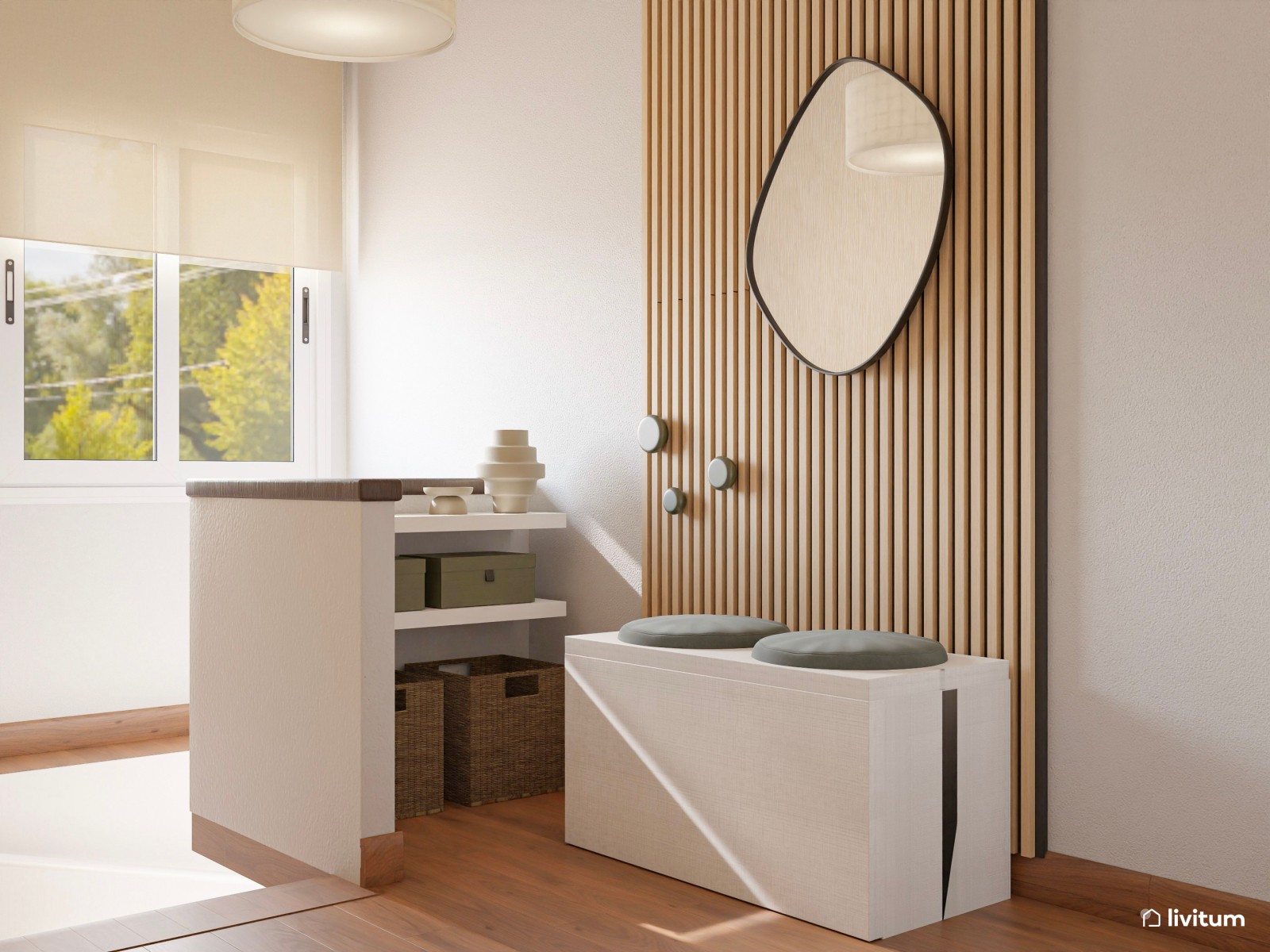 Recibidor moderno con panel acústico y espejo de formas orgánicas