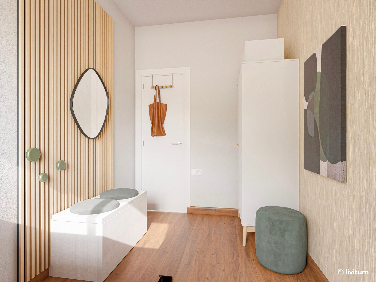 Recibidor moderno con panel acústico y espejo de formas orgánicas