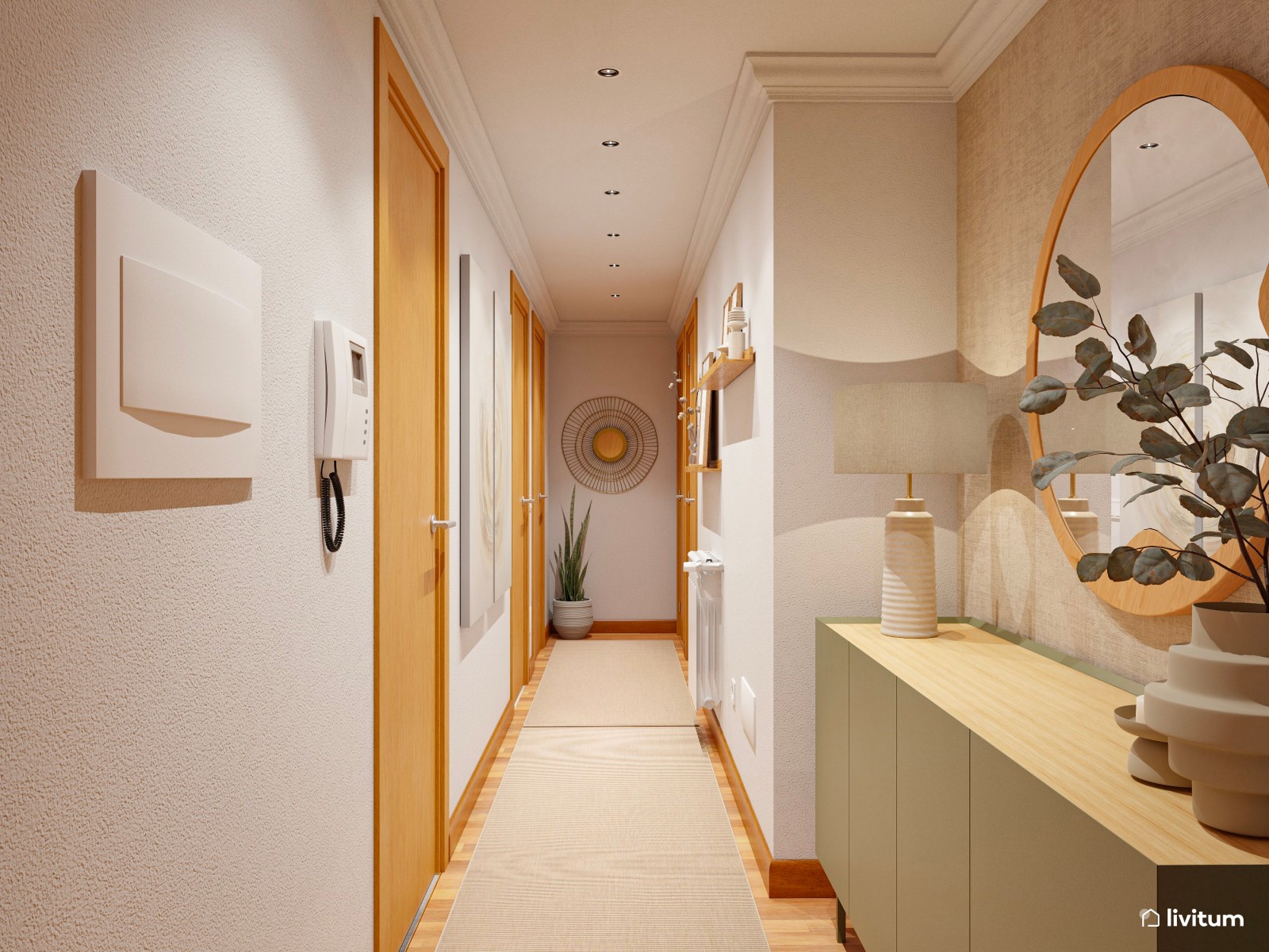 Recibidor moderno en tonos tierra y elegante mueble verde