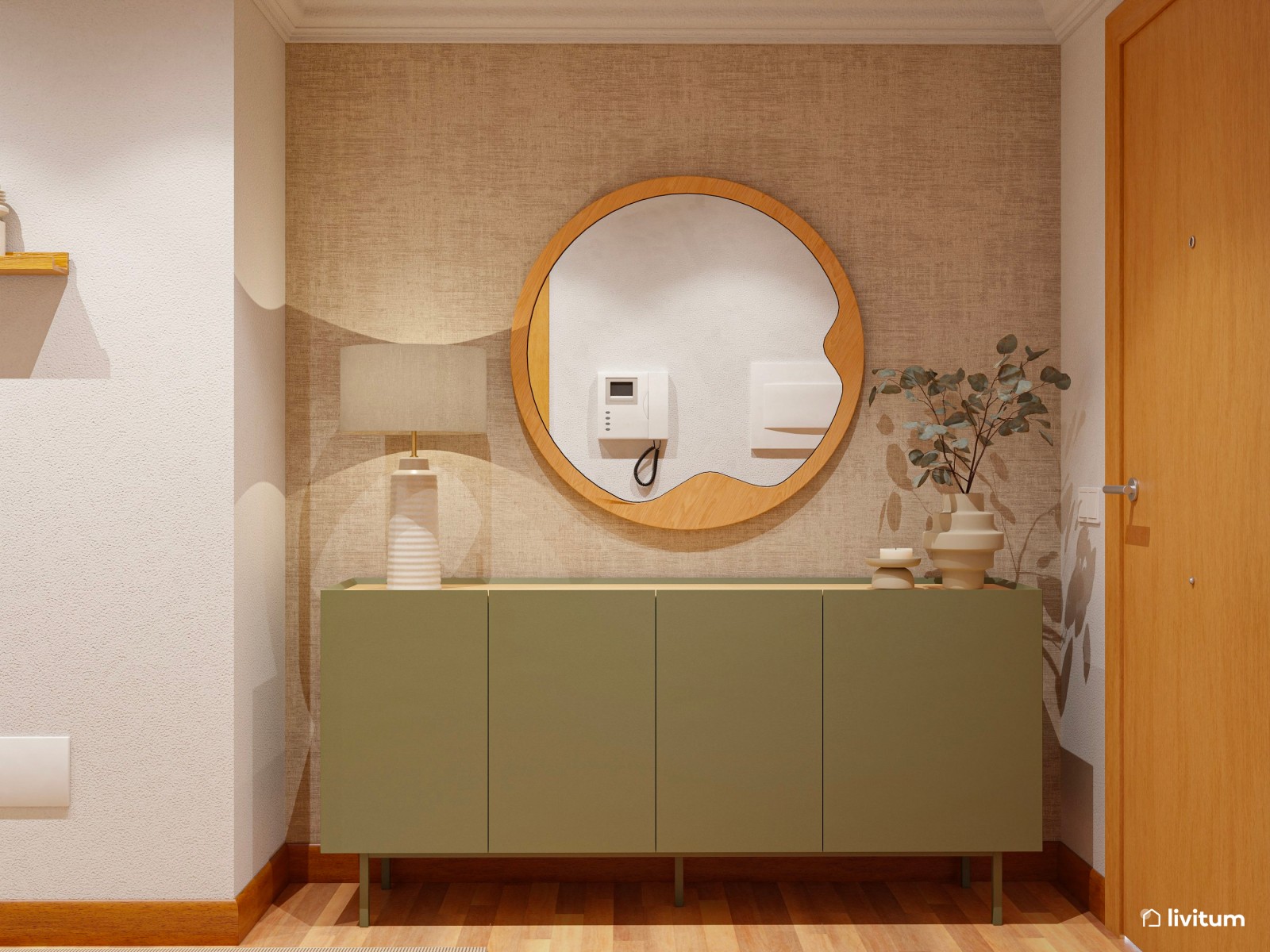 Recibidor moderno en tonos tierra y elegante mueble verde