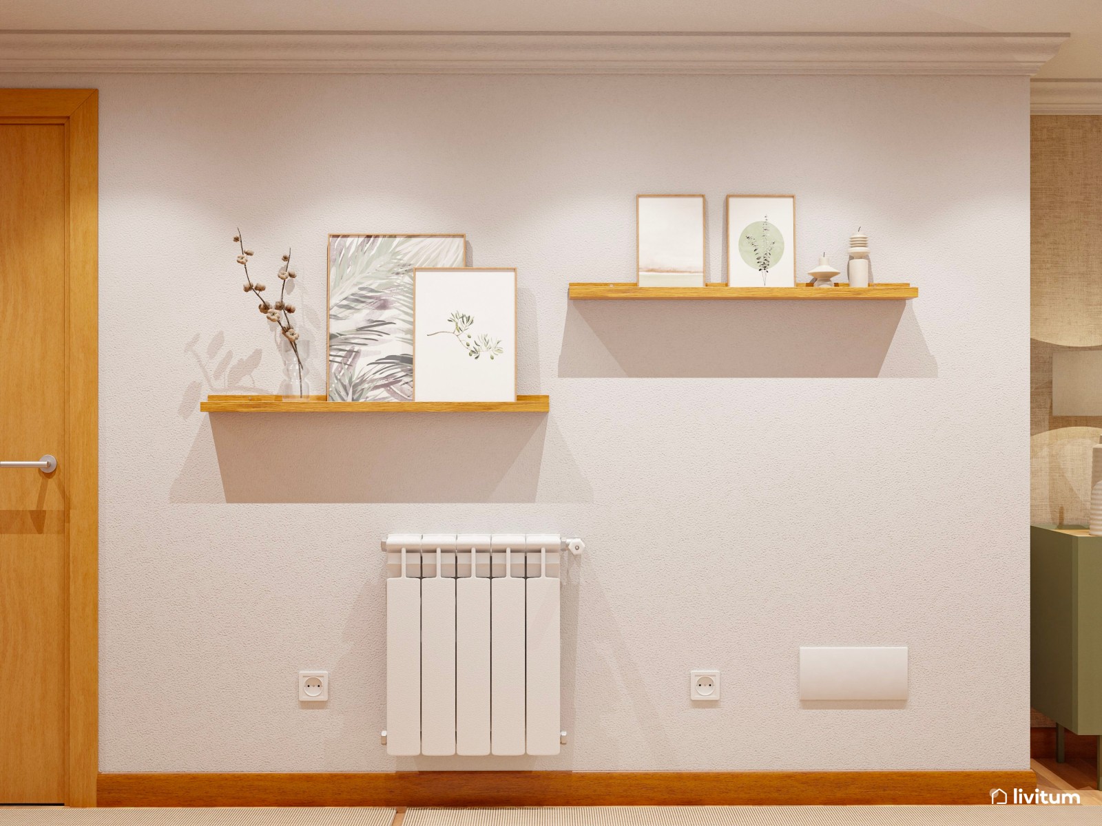 Recibidor moderno en tonos tierra y elegante mueble verde