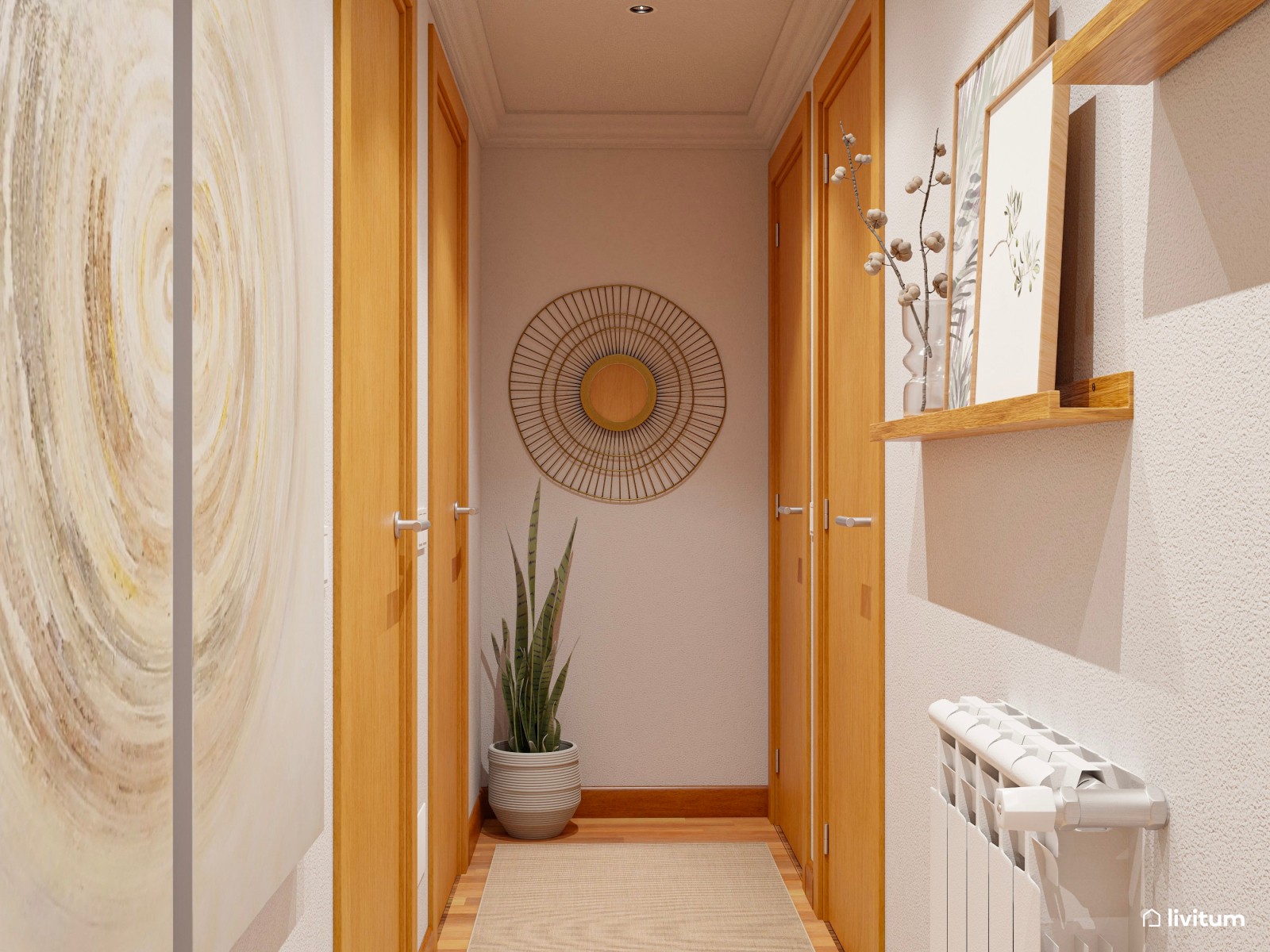 Recibidor moderno en tonos tierra y elegante mueble verde