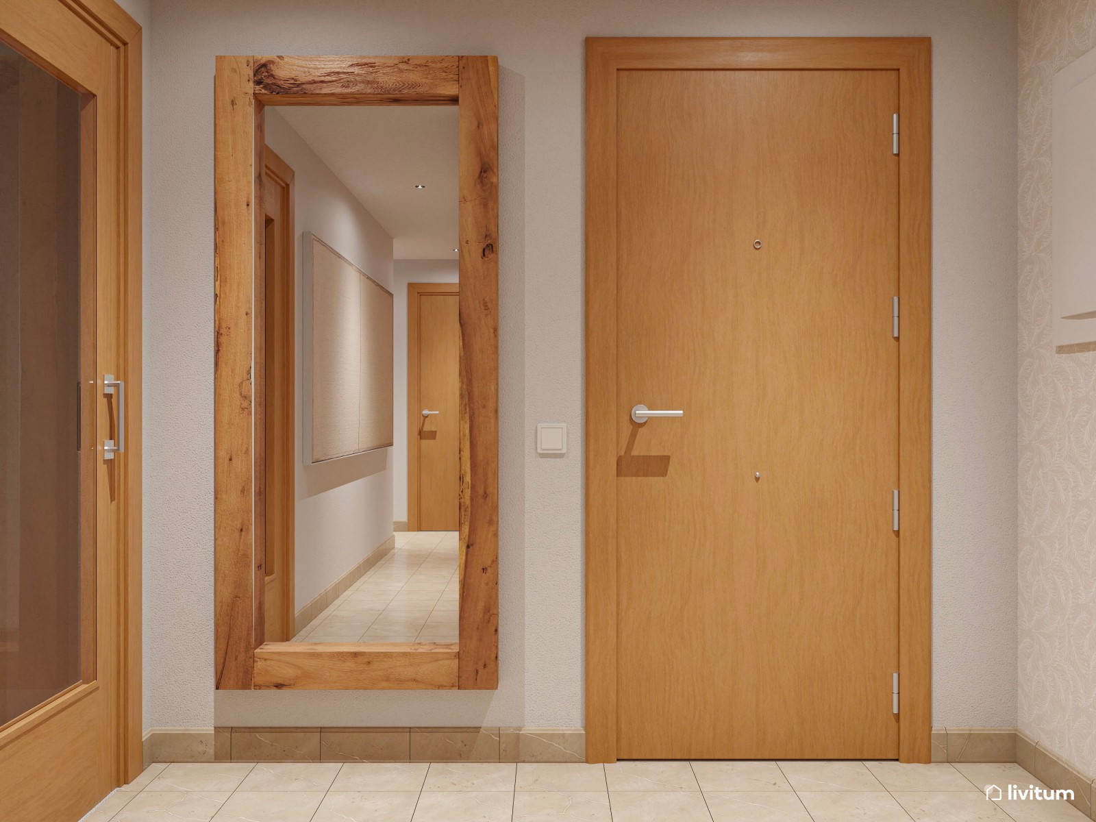 Recibidor nórdico con listones de madera y elegante consola 