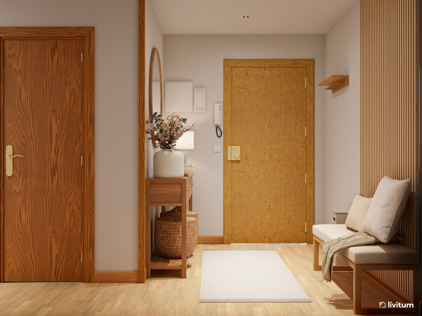 Recibidor y pasillo clásico y elegante con molduras y cuadros delicados