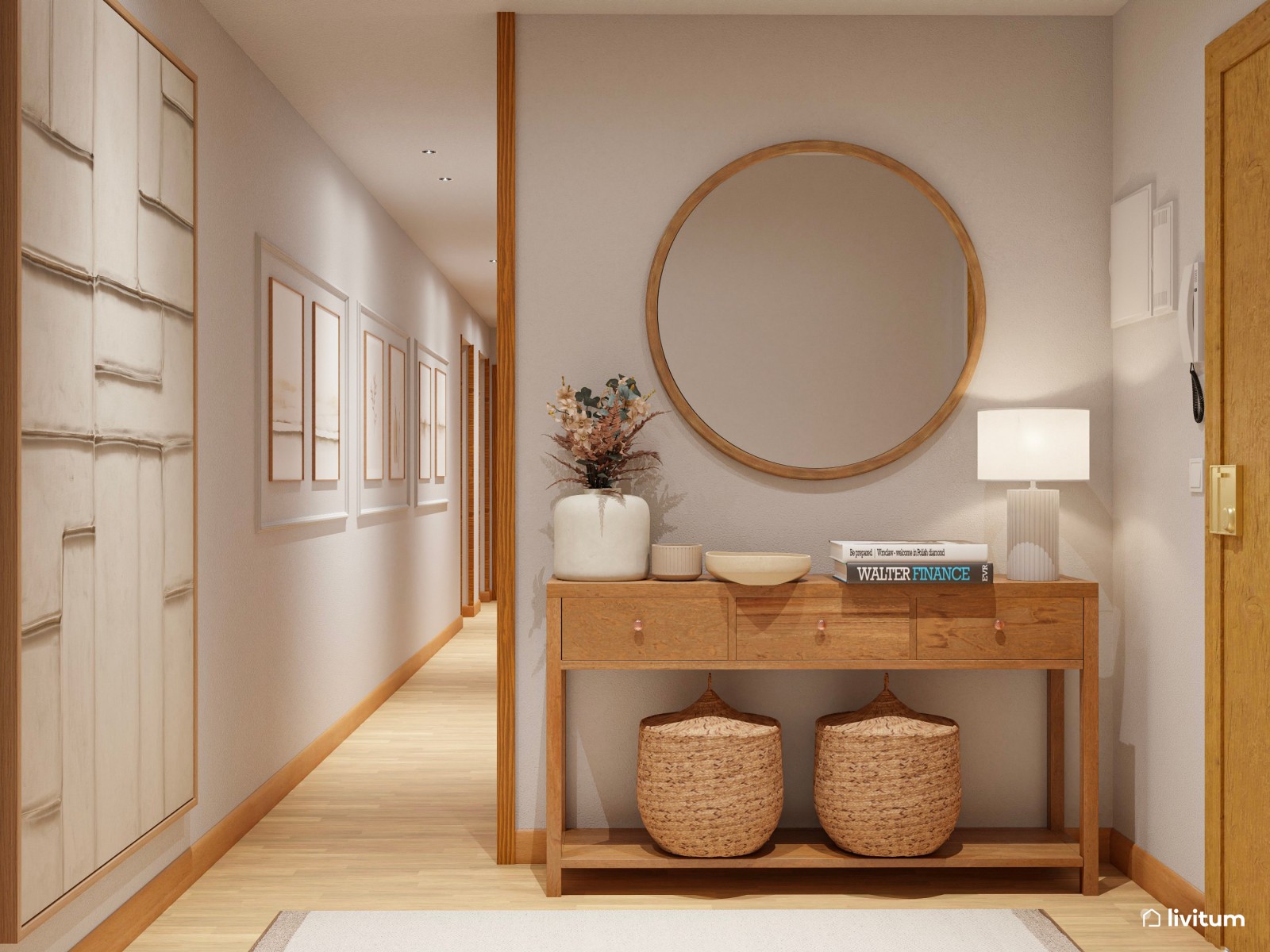 Recibidor y pasillo clásico y elegante con molduras y cuadros delicados