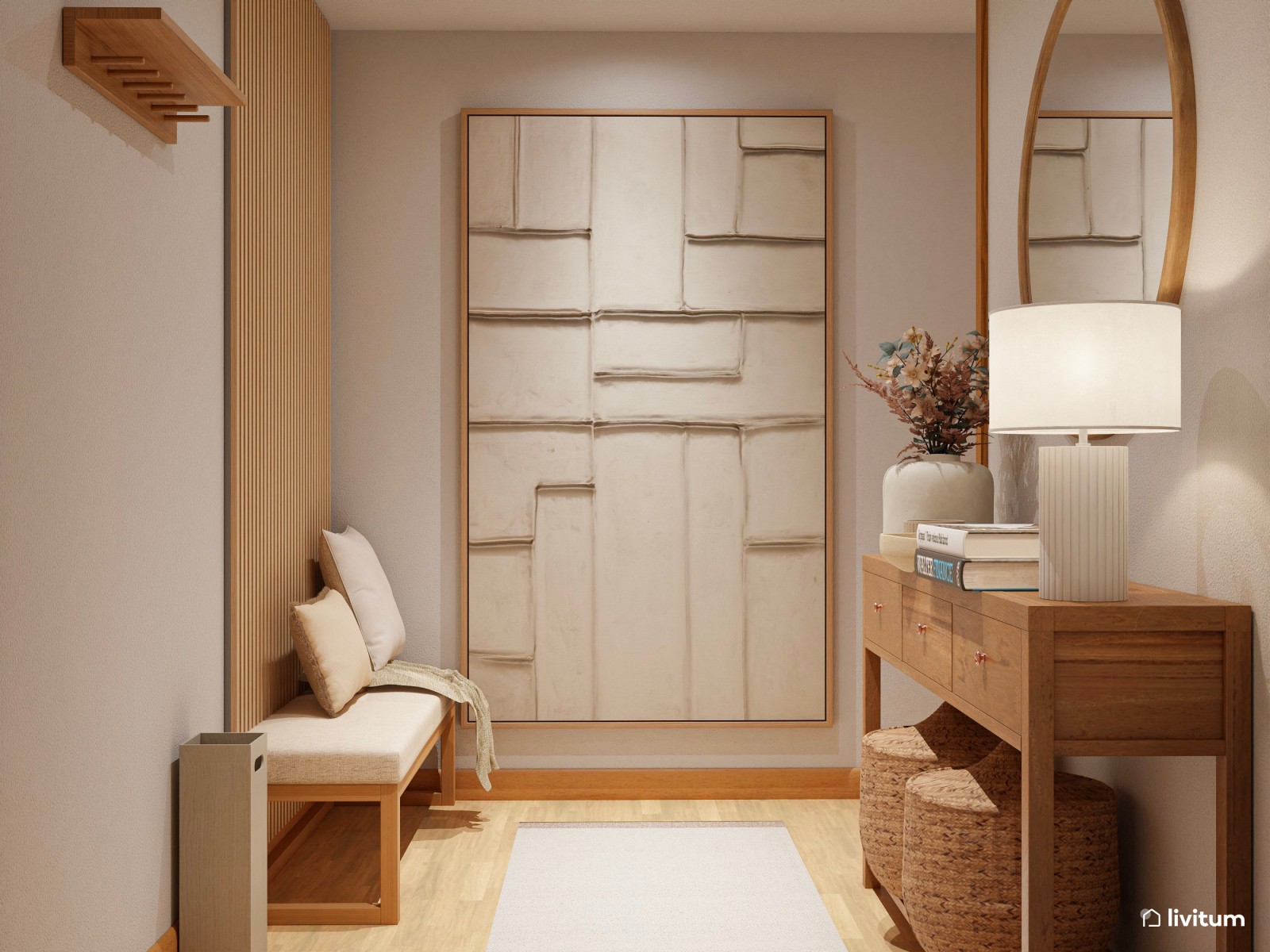 Recibidor y pasillo clásico y elegante con molduras y cuadros delicados