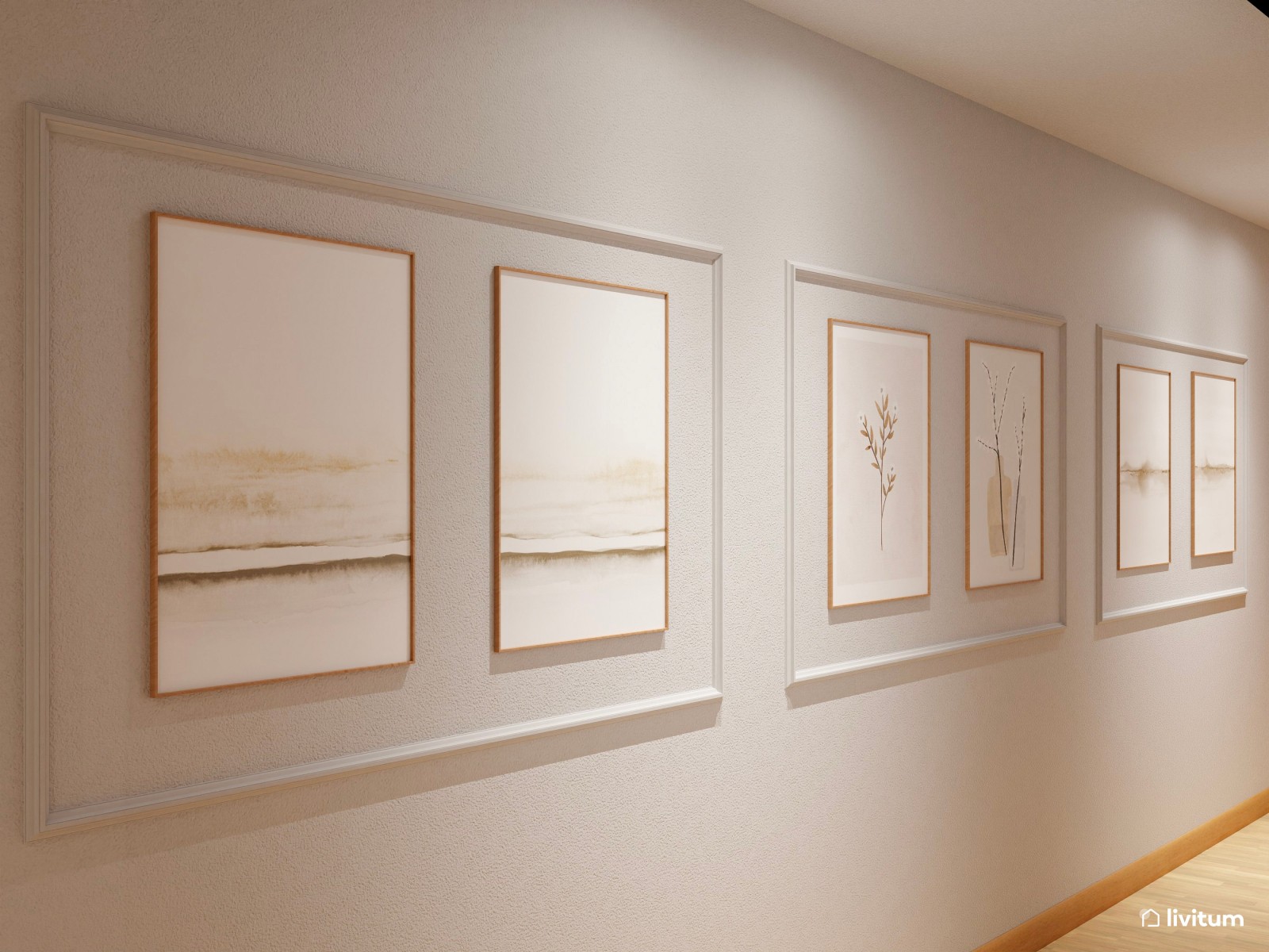 Recibidor y pasillo clásico y elegante con molduras y cuadros delicados