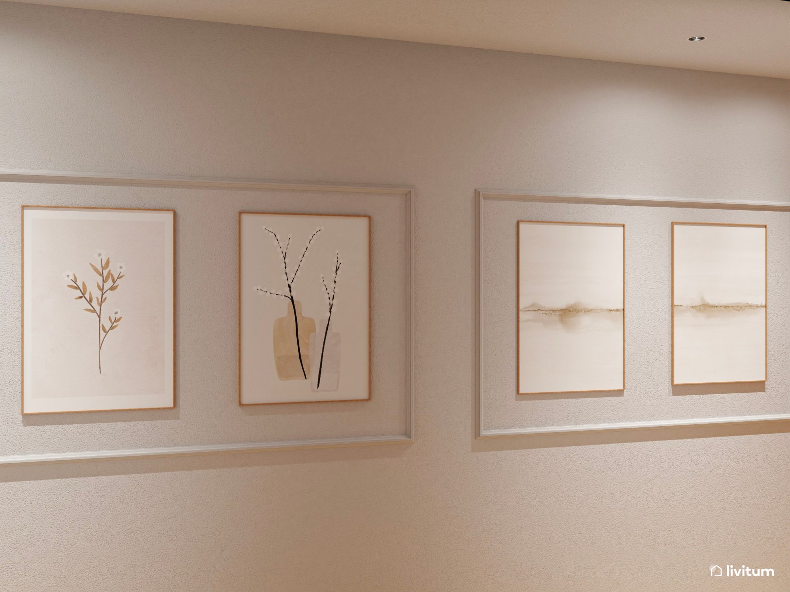 Recibidor y pasillo clásico y elegante con molduras y cuadros delicados