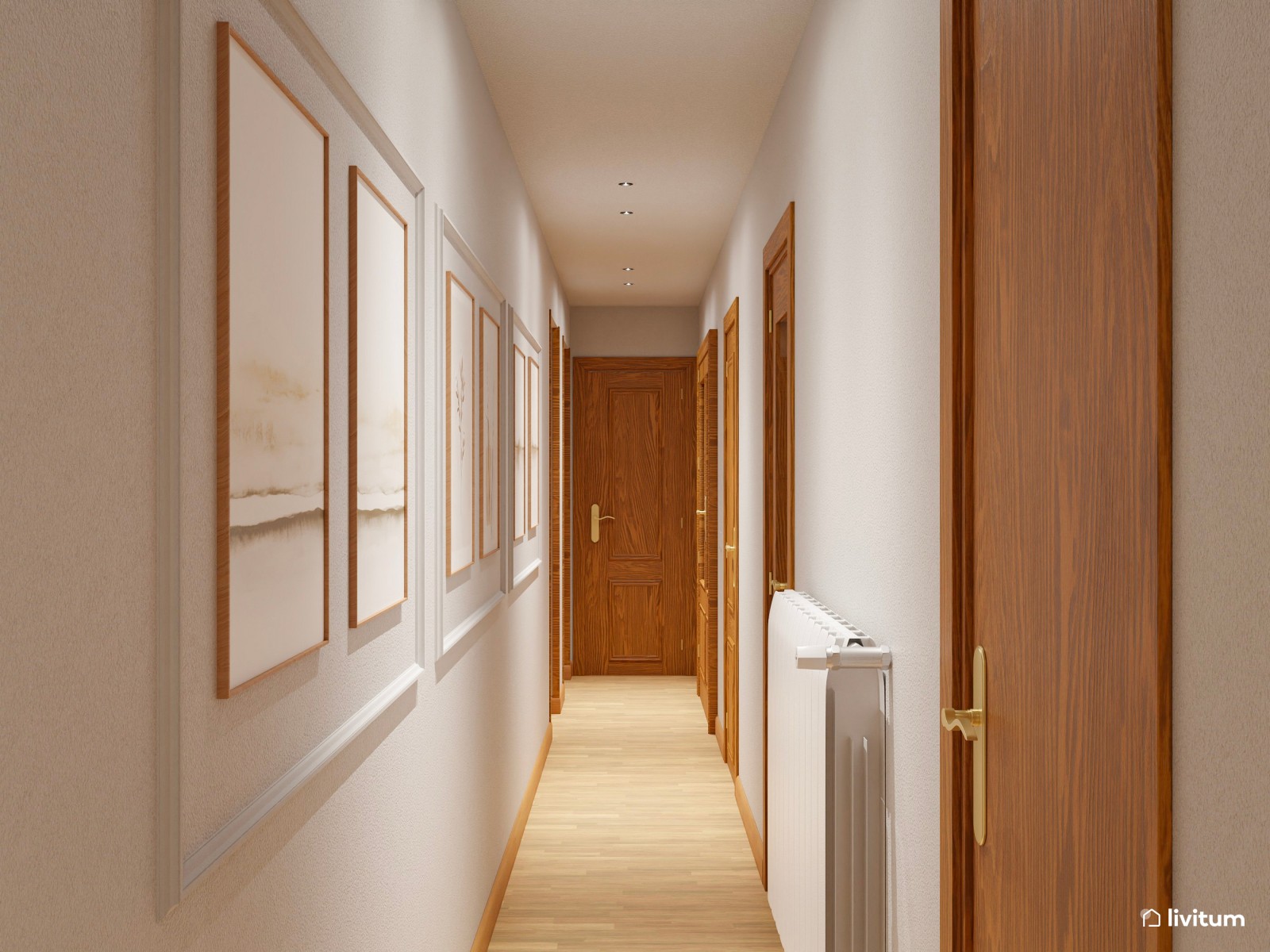 Recibidor y pasillo clásico y elegante con molduras y cuadros delicados