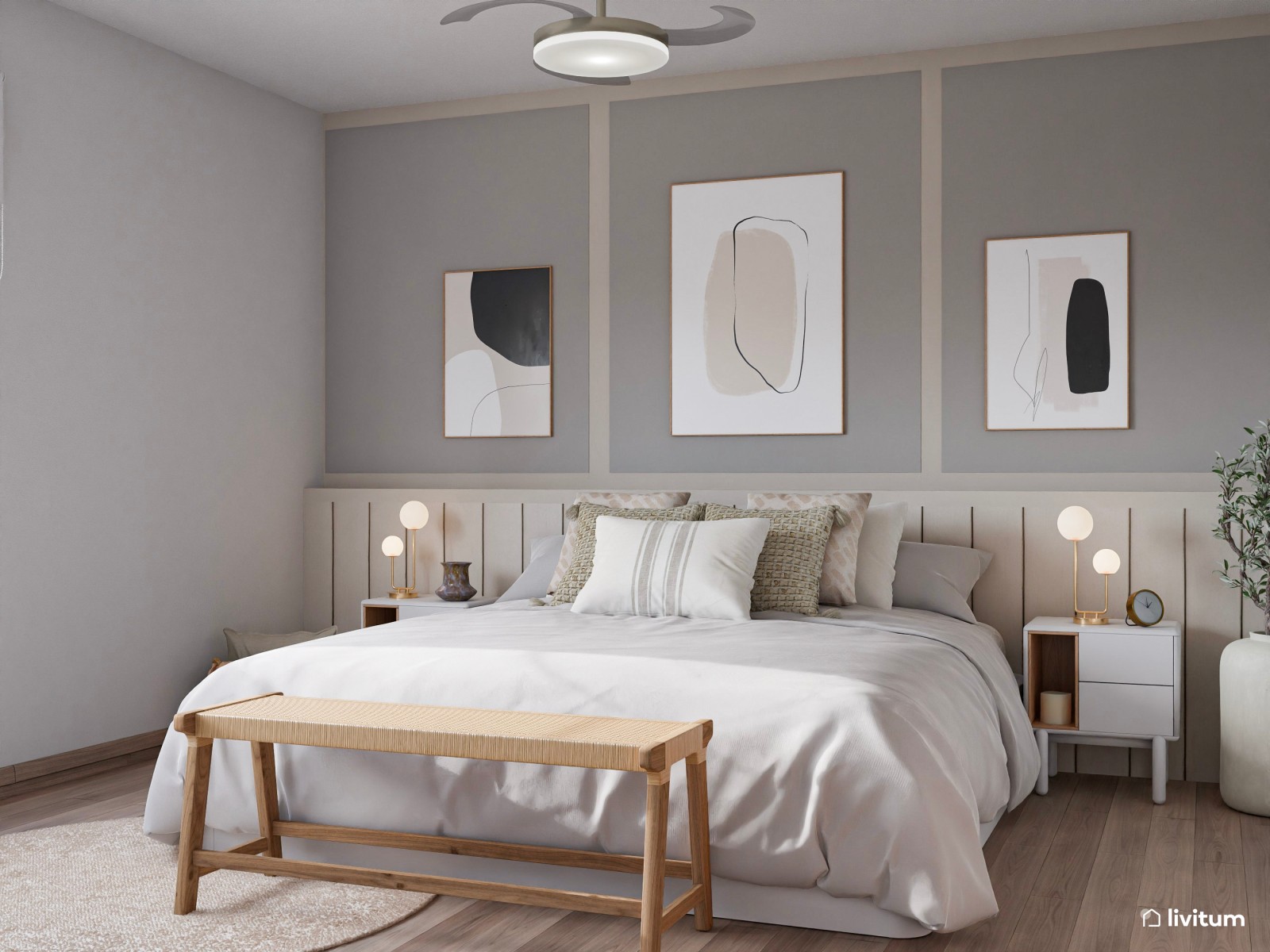 Relajado dormitorio con arrimadero y elegantes molduras