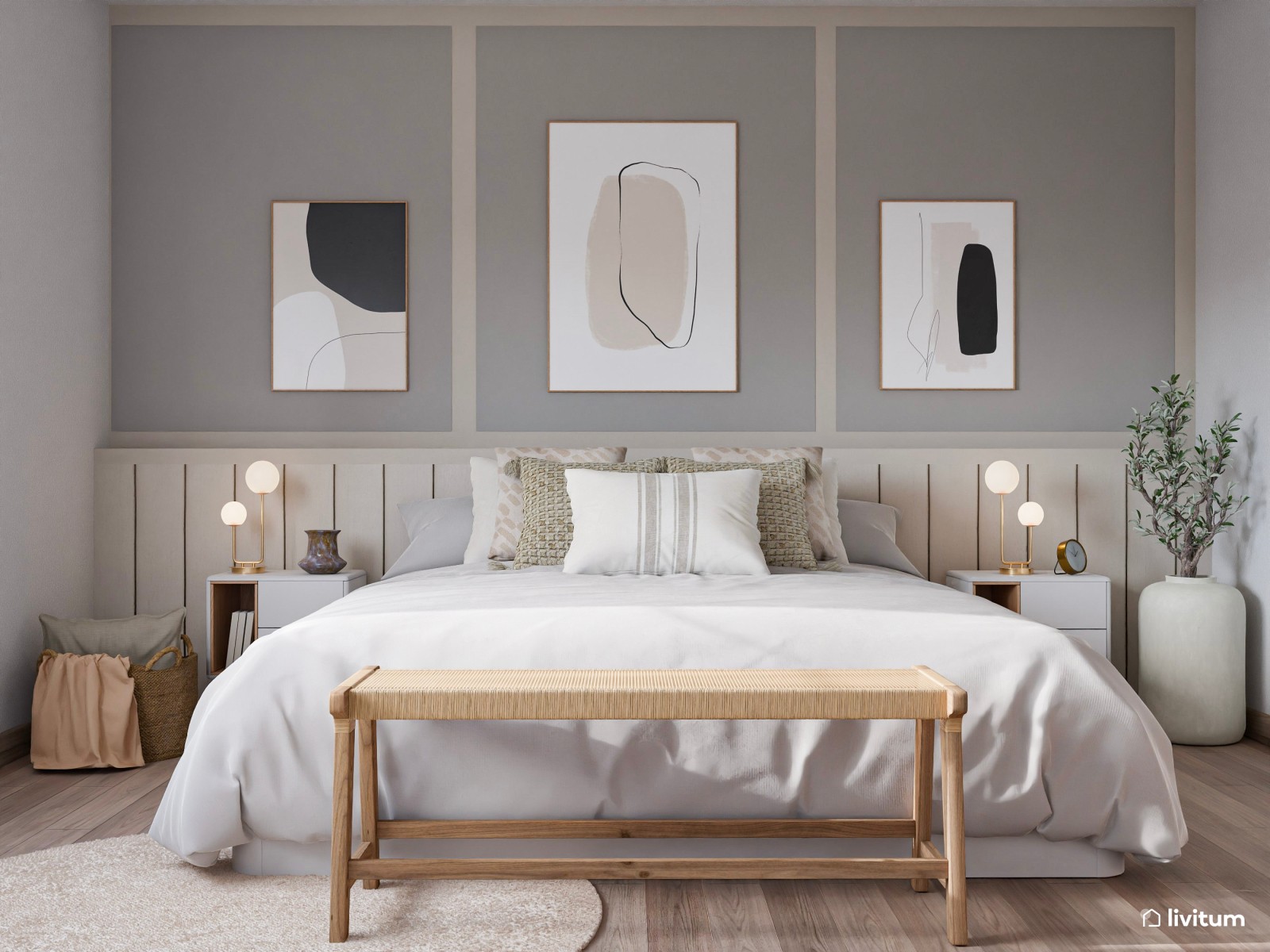 Relajado dormitorio con arrimadero y elegantes molduras