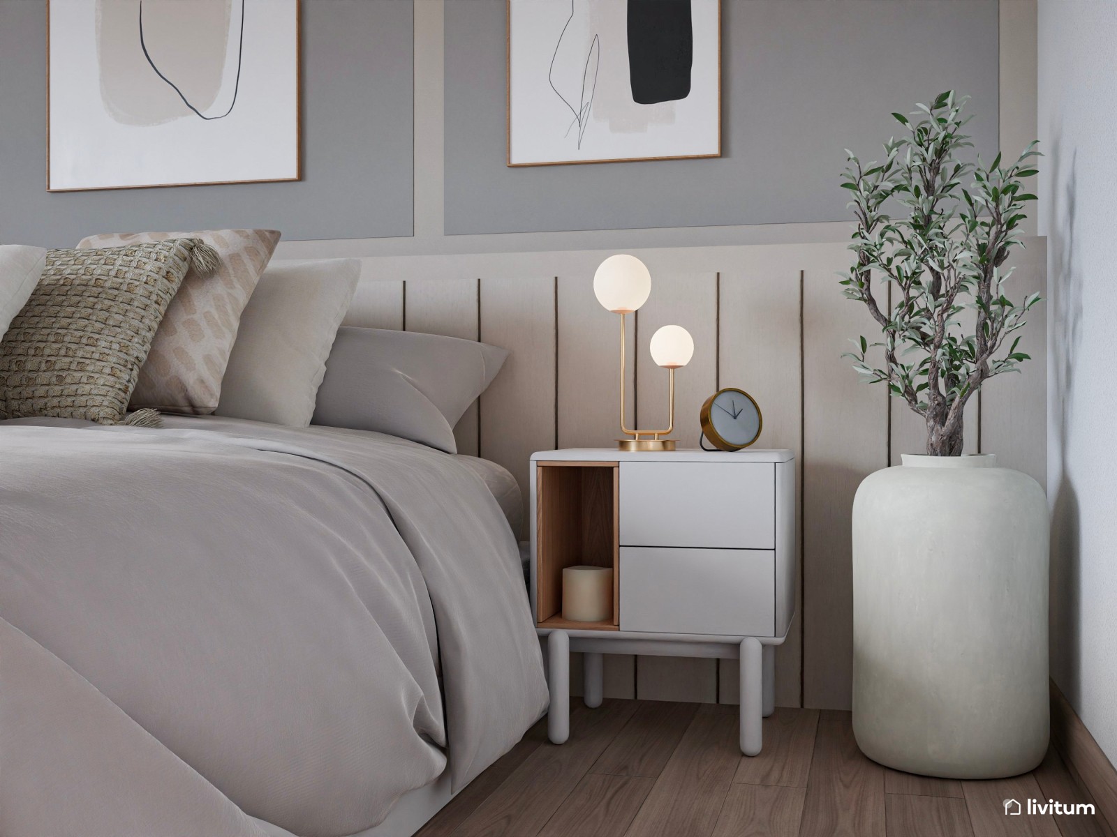 Relajado dormitorio con arrimadero y elegantes molduras