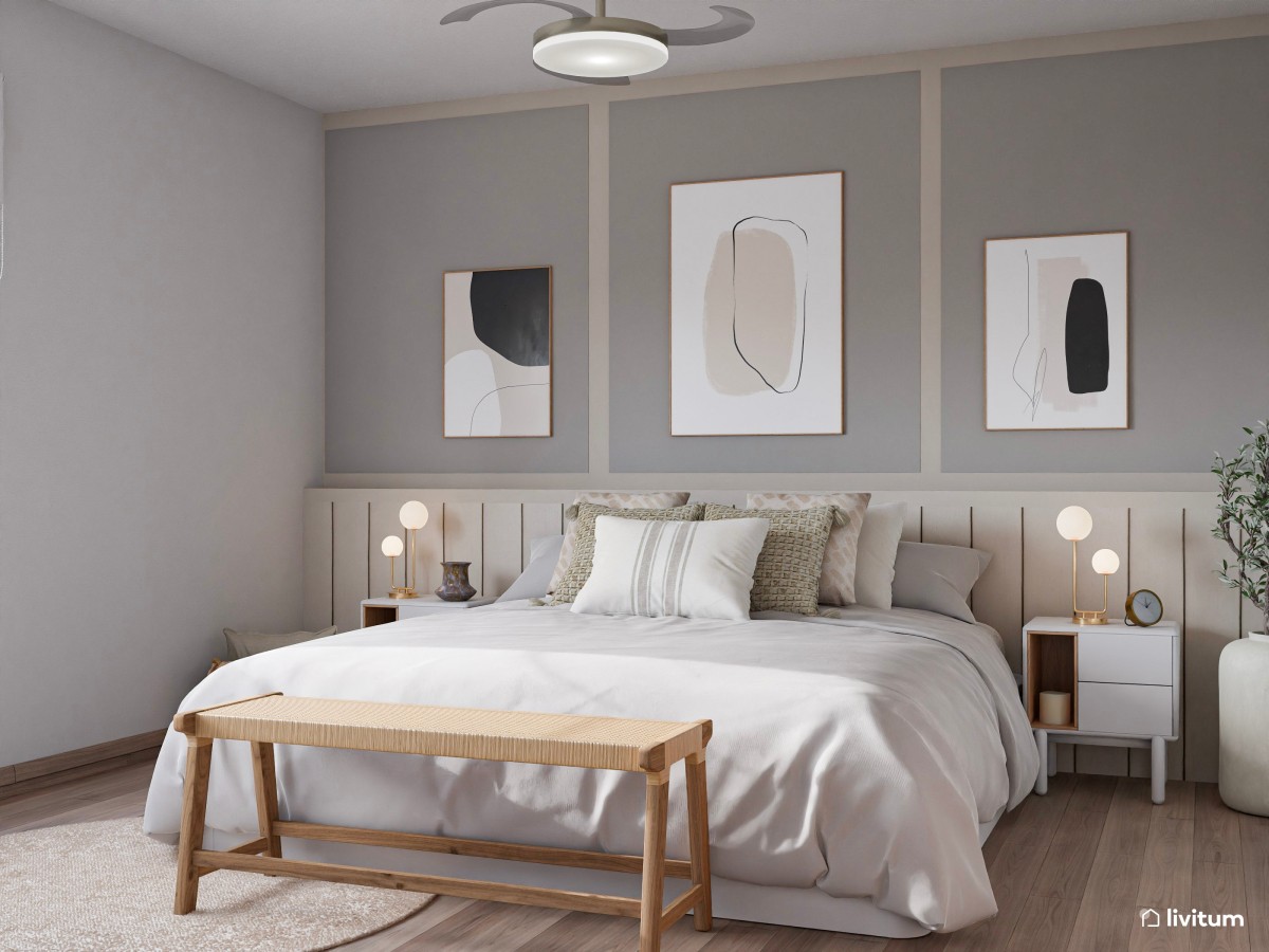 Relajado dormitorio con arrimadero y elegantes molduras