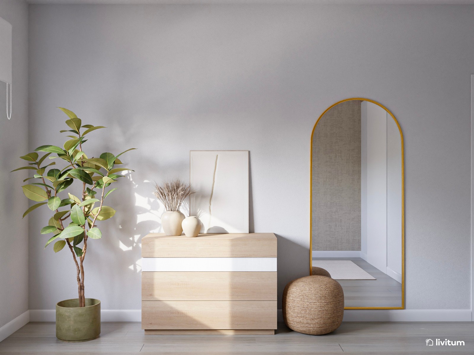 Relajado dormitorio con papel pintado y listones de madera  