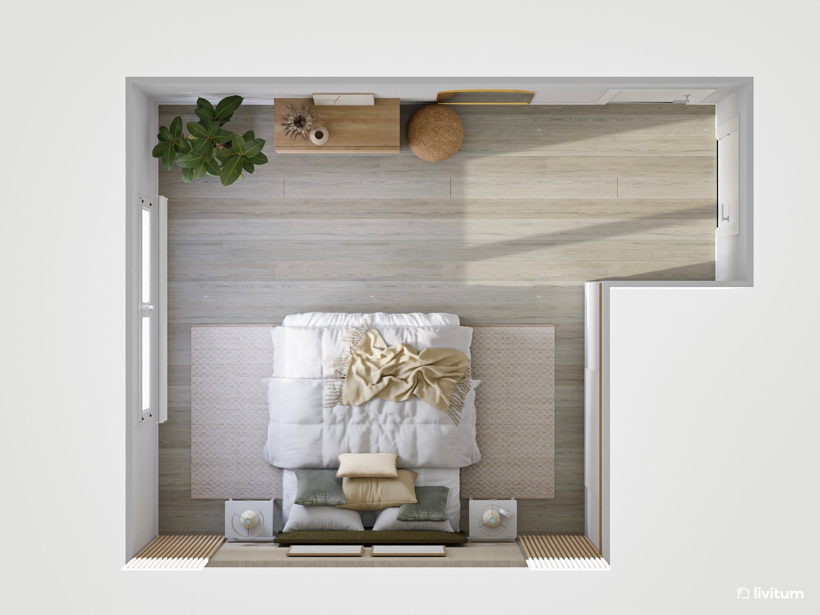 Relajado dormitorio con papel pintado y listones de madera  