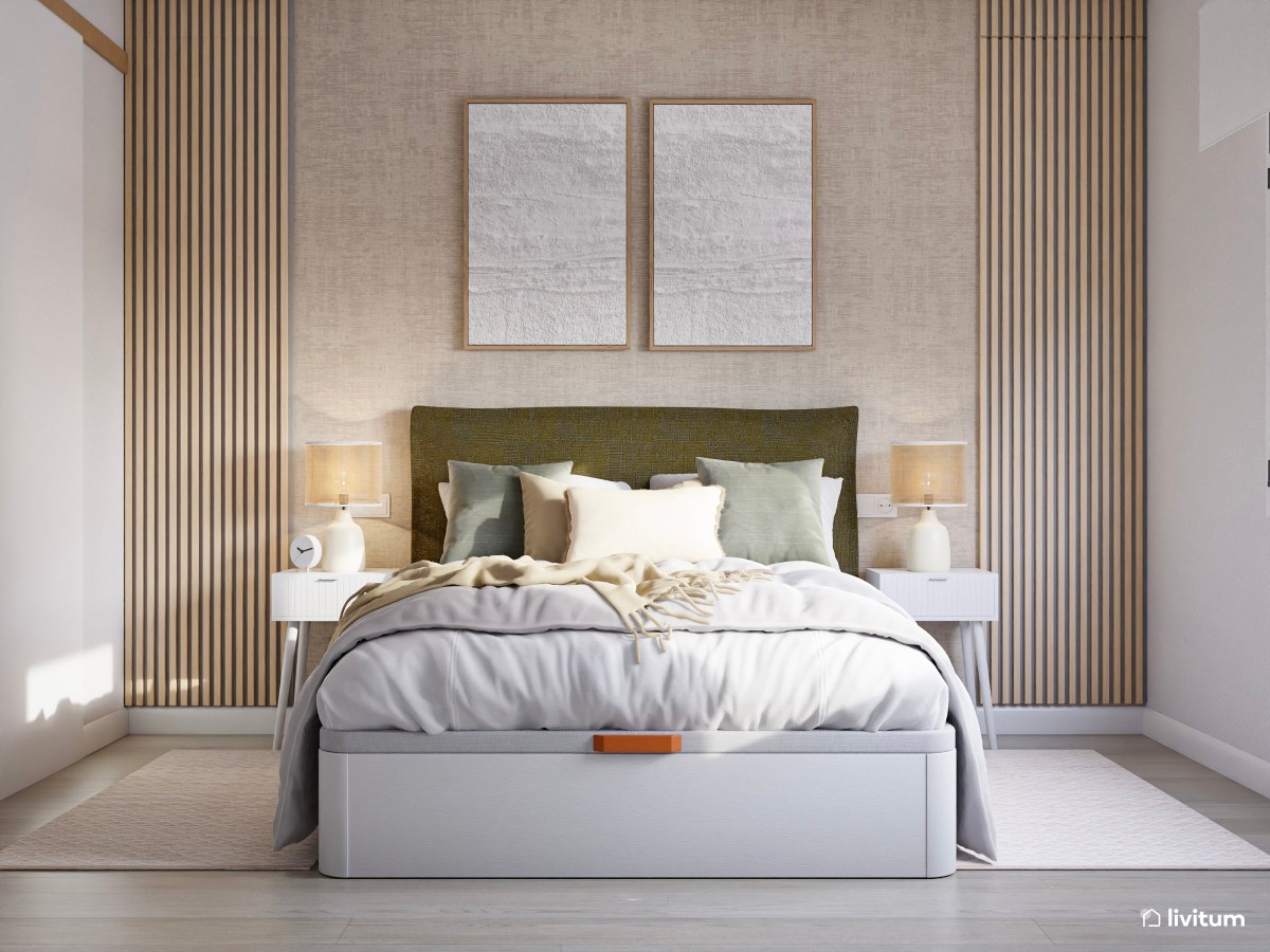 Relajado dormitorio con papel pintado y listones de madera  