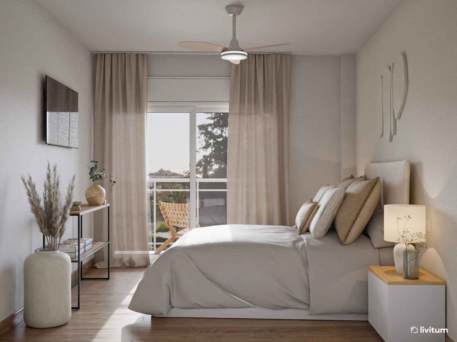 Relajado dormitorio en tono beige y detalles en metal negro