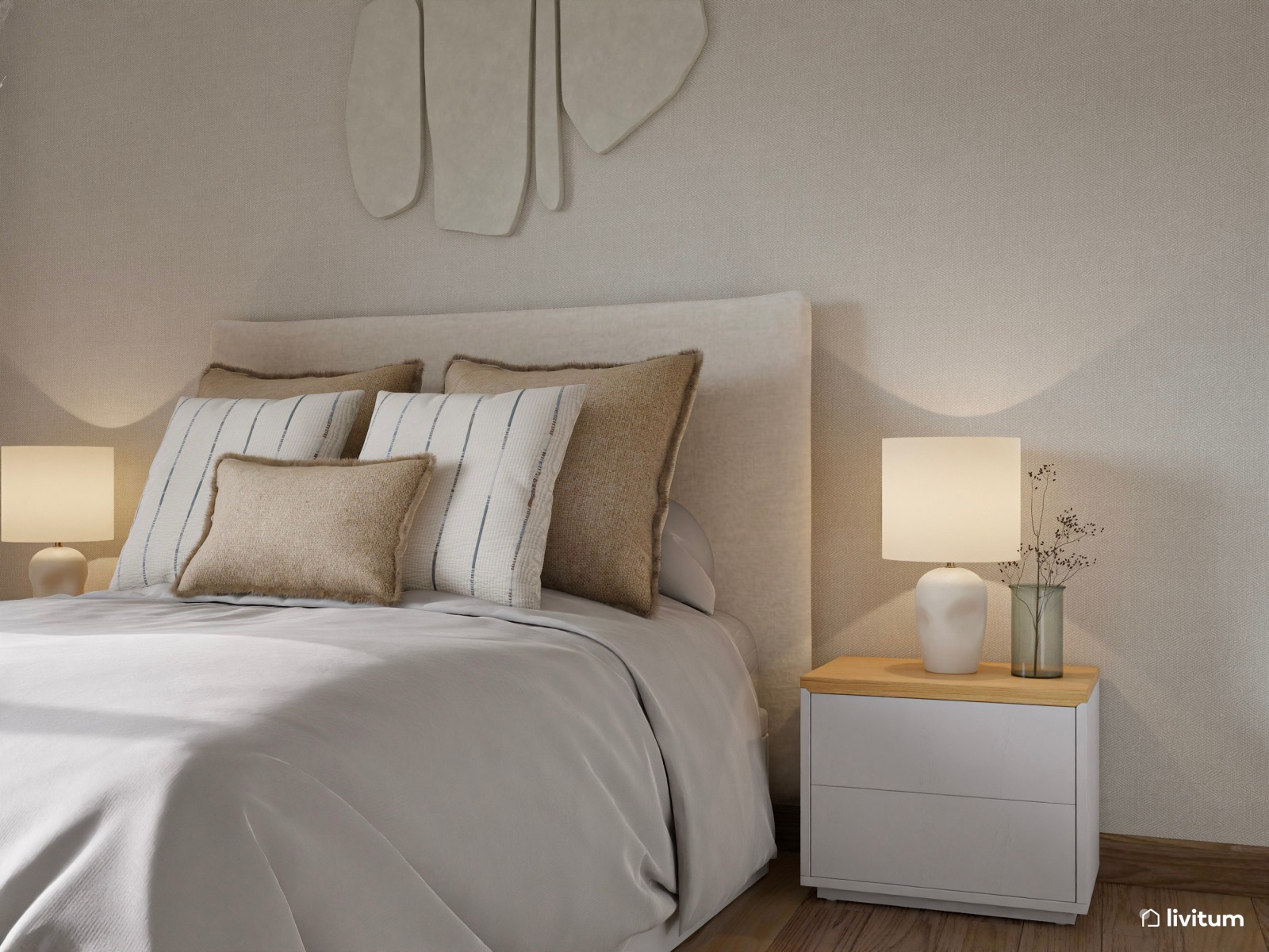 Relajado dormitorio en tono beige y detalles en metal negro