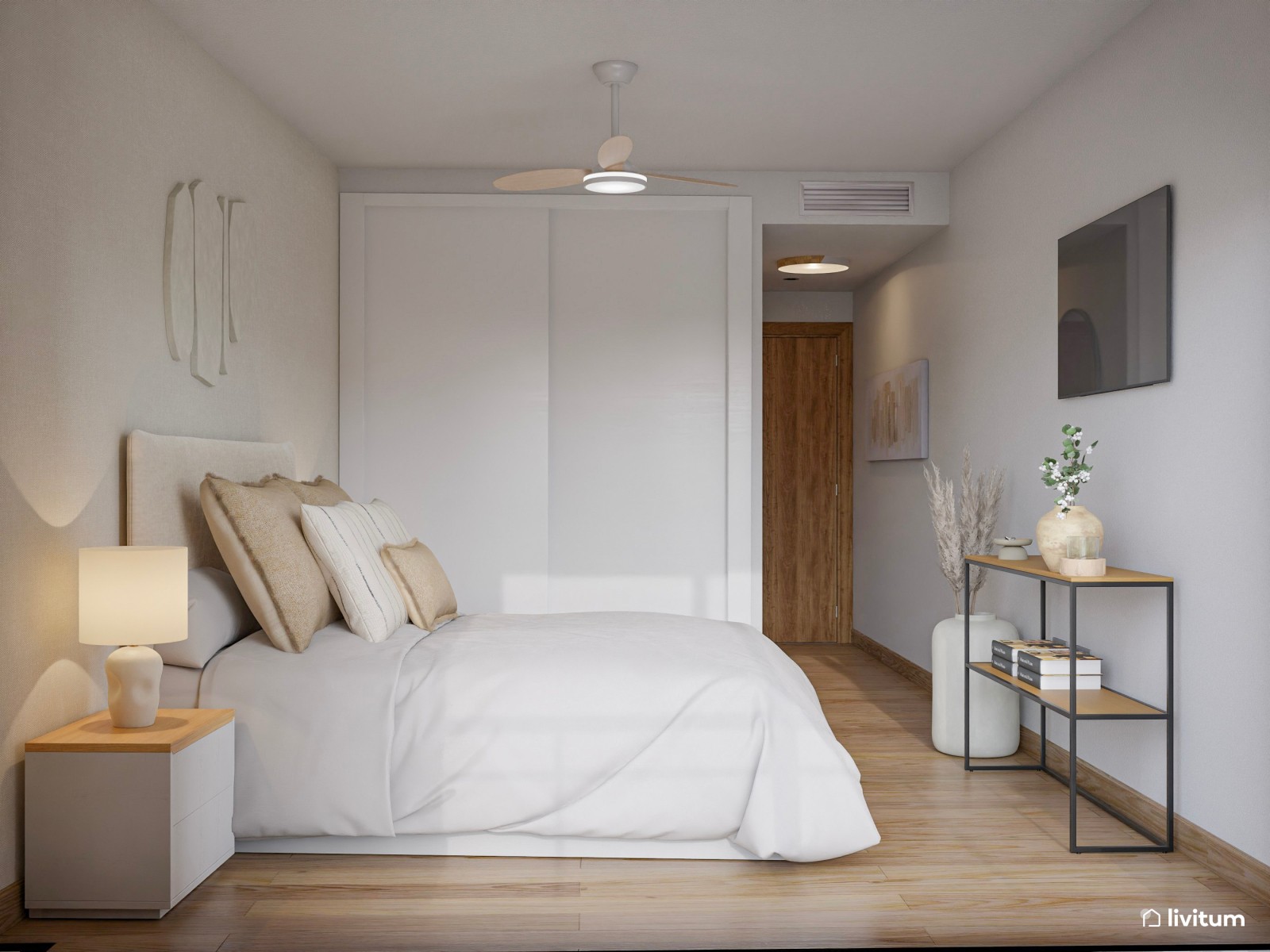 Relajado dormitorio en tono beige y detalles en metal negro