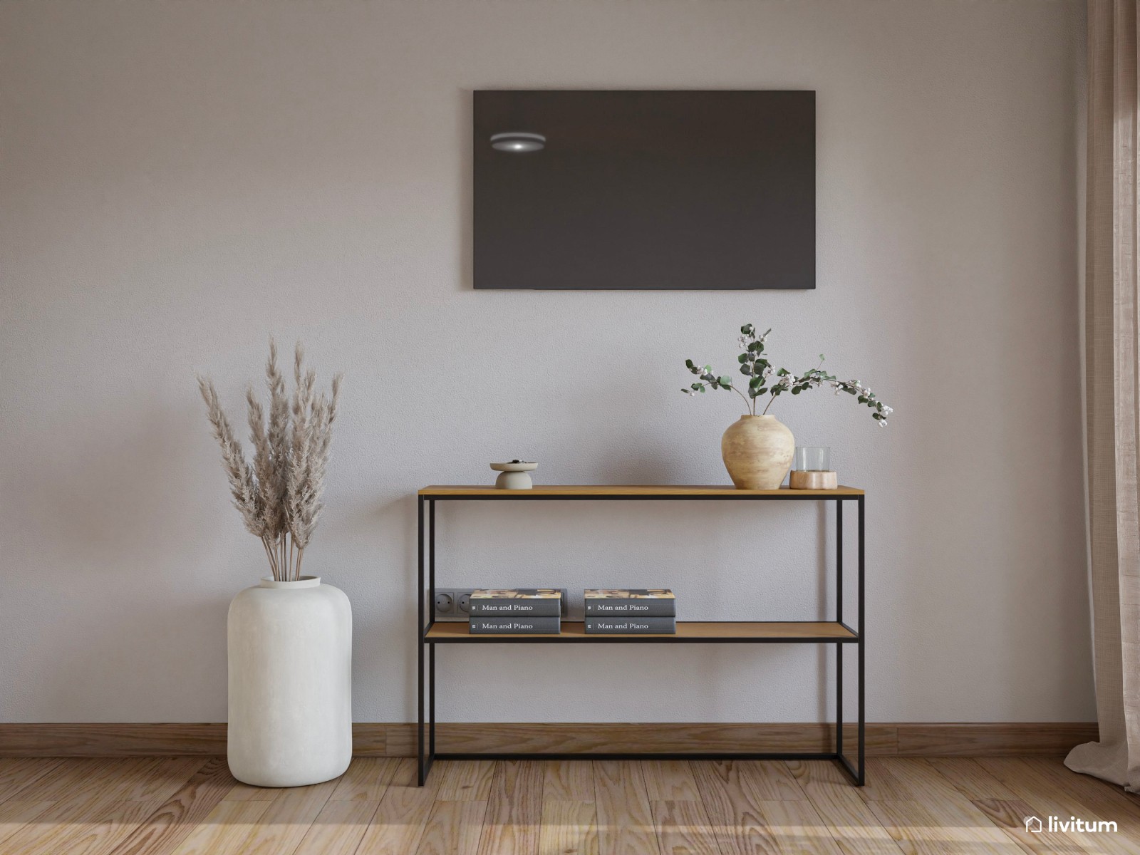 Relajado dormitorio en tono beige y detalles en metal negro