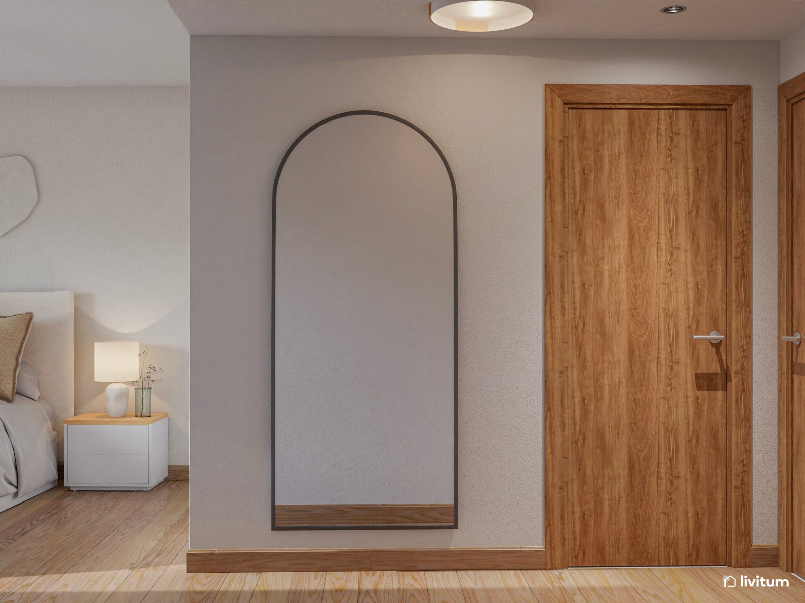Relajado dormitorio en tono beige y detalles en metal negro