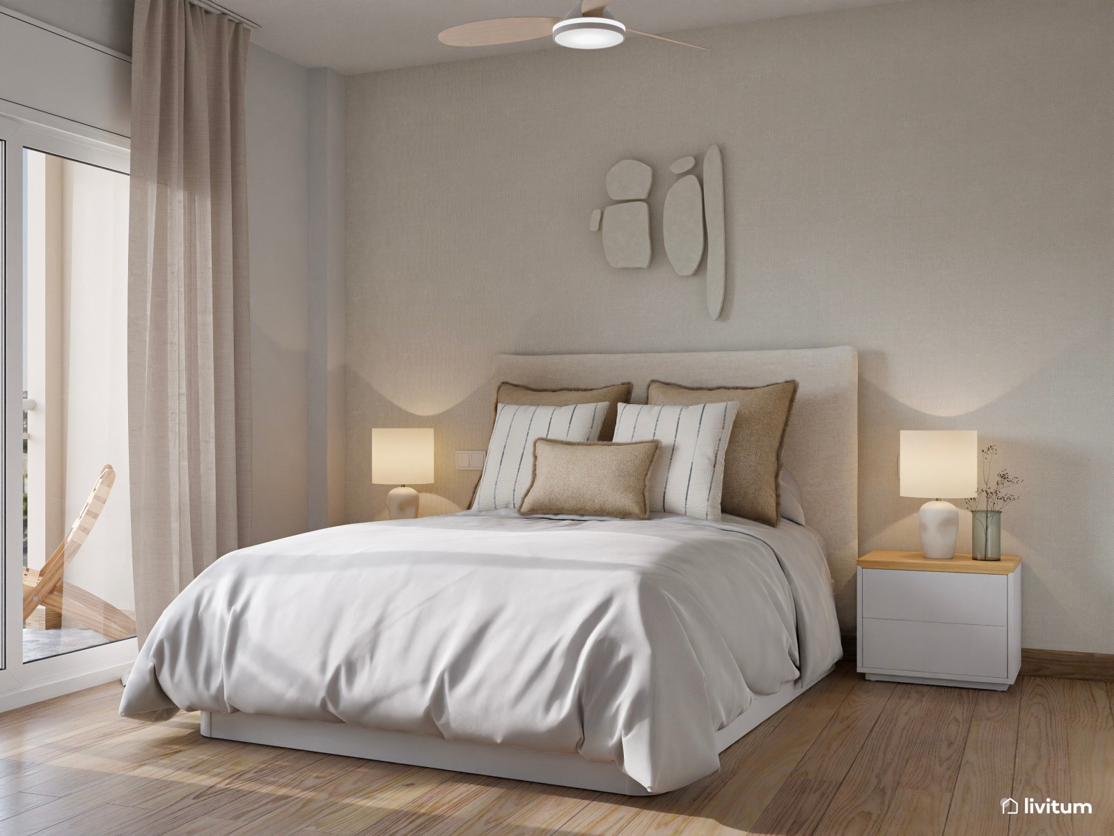 Relajado dormitorio en tono beige y detalles en metal negro
