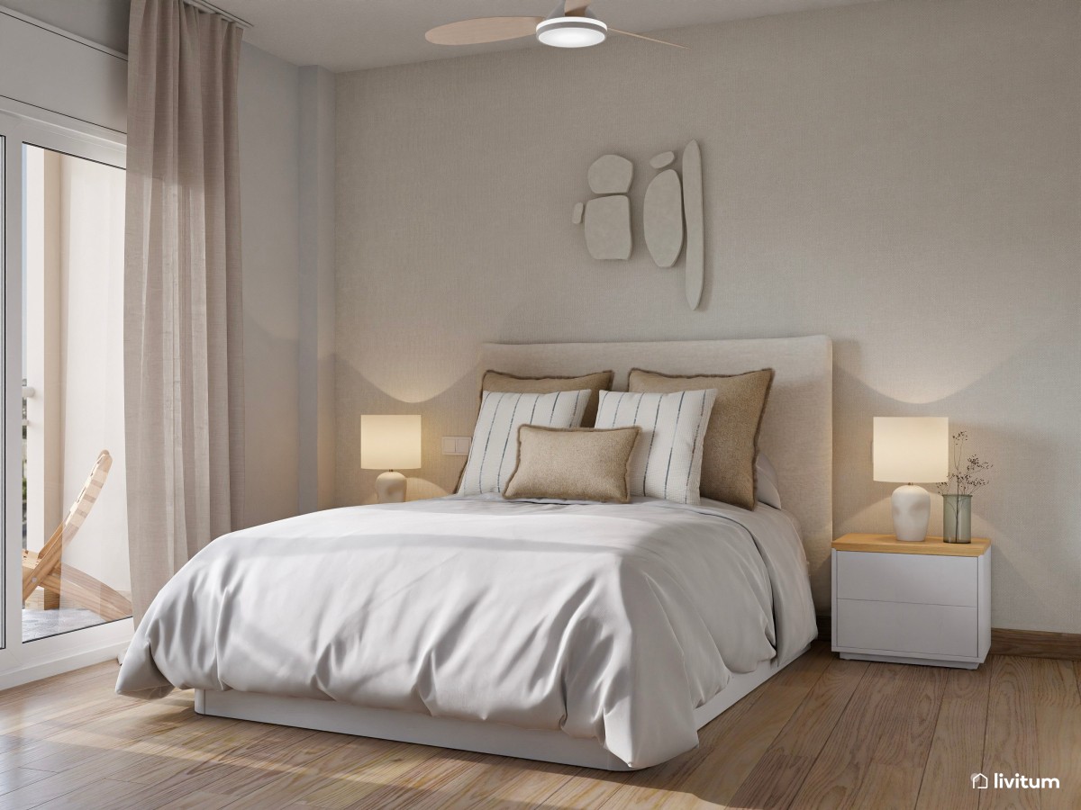 Relajado dormitorio en tono beige y detalles en metal negro