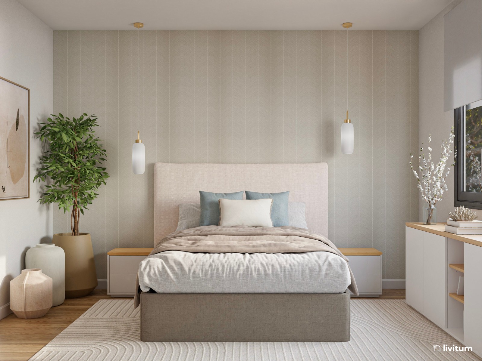 Relajado dormitorio en tonos suaves