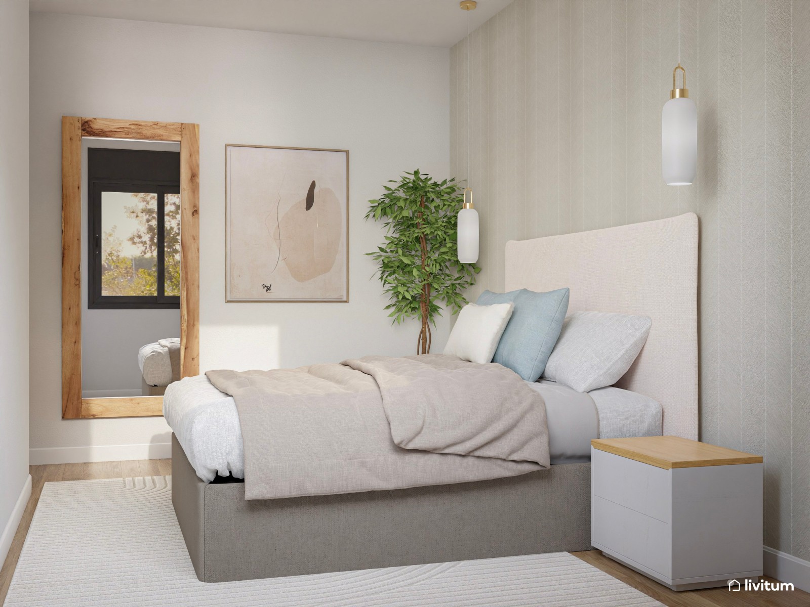 Relajado dormitorio en tonos suaves