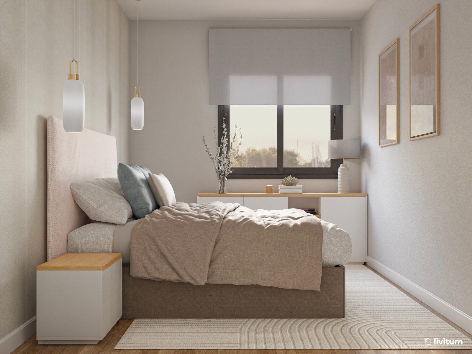 Relajado dormitorio en tonos suaves